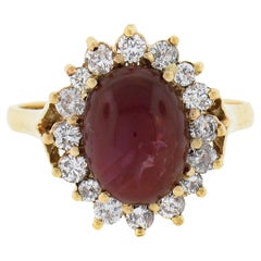 Vintage 14K Gold GIA NO HEAT Oval Cabochon Ruby w/ Diamond Halo Cocktail Ring