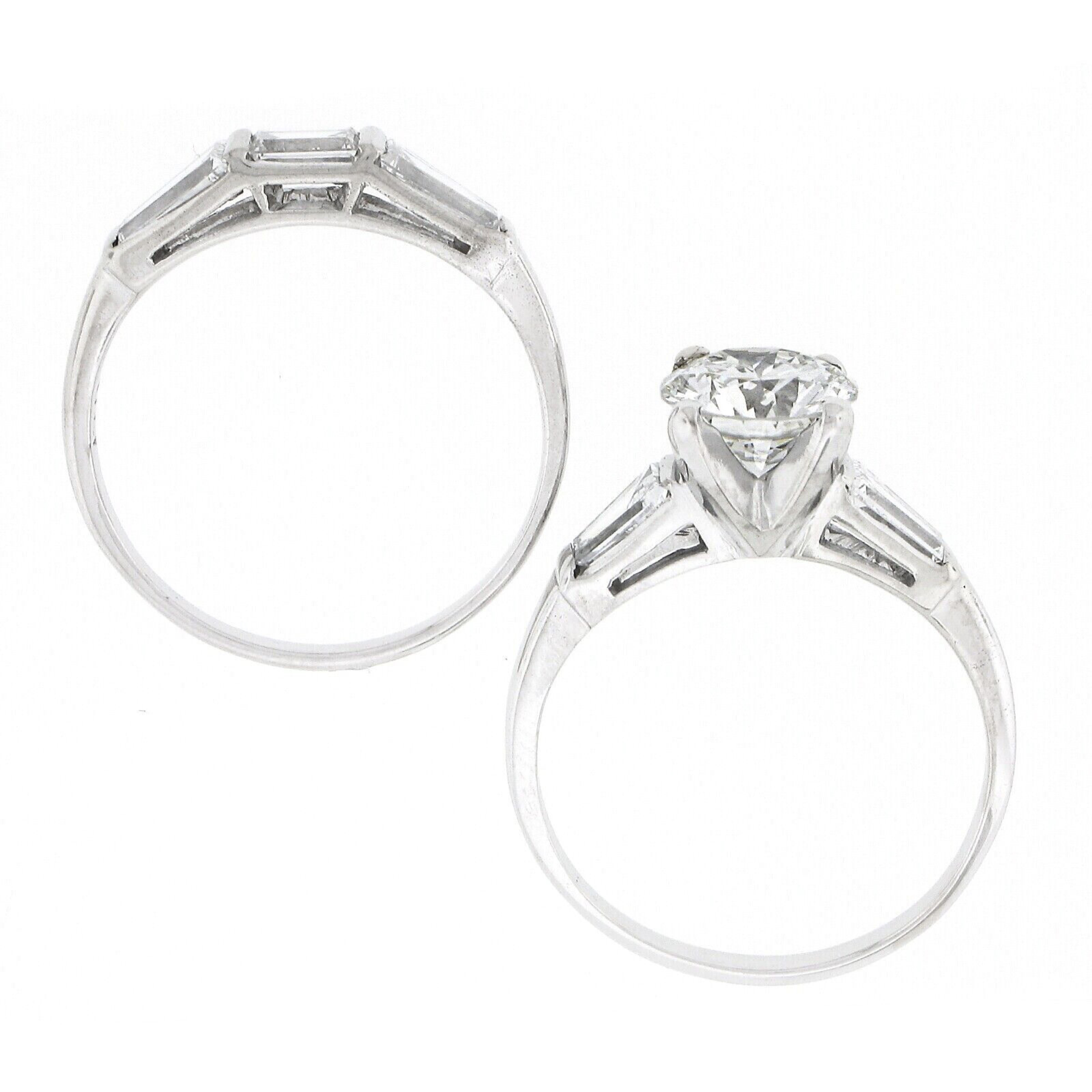Vintage 14k Gold GIA Round Diamond Baguette 2.94ctw Engagement Wedding Ring Set For Sale 5