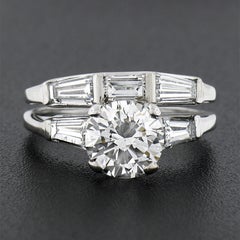 Vintage 14k Gold GIA Round Diamond Baguette 2.94ctw Engagement Wedding Ring Set