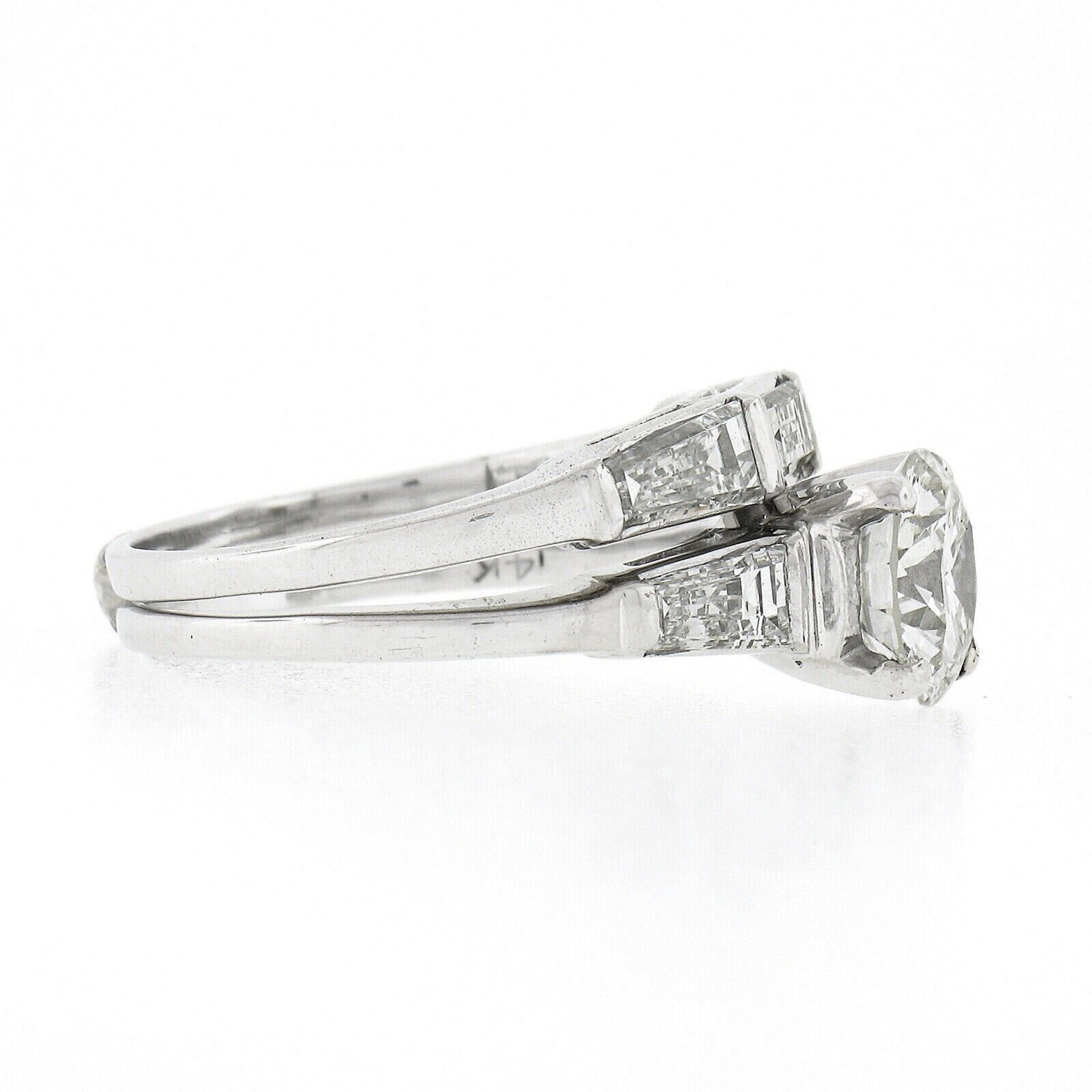 Women's Vintage 14k Gold GIA Round Diamond Baguette 2.94ctw Engagement Wedding Ring Set For Sale