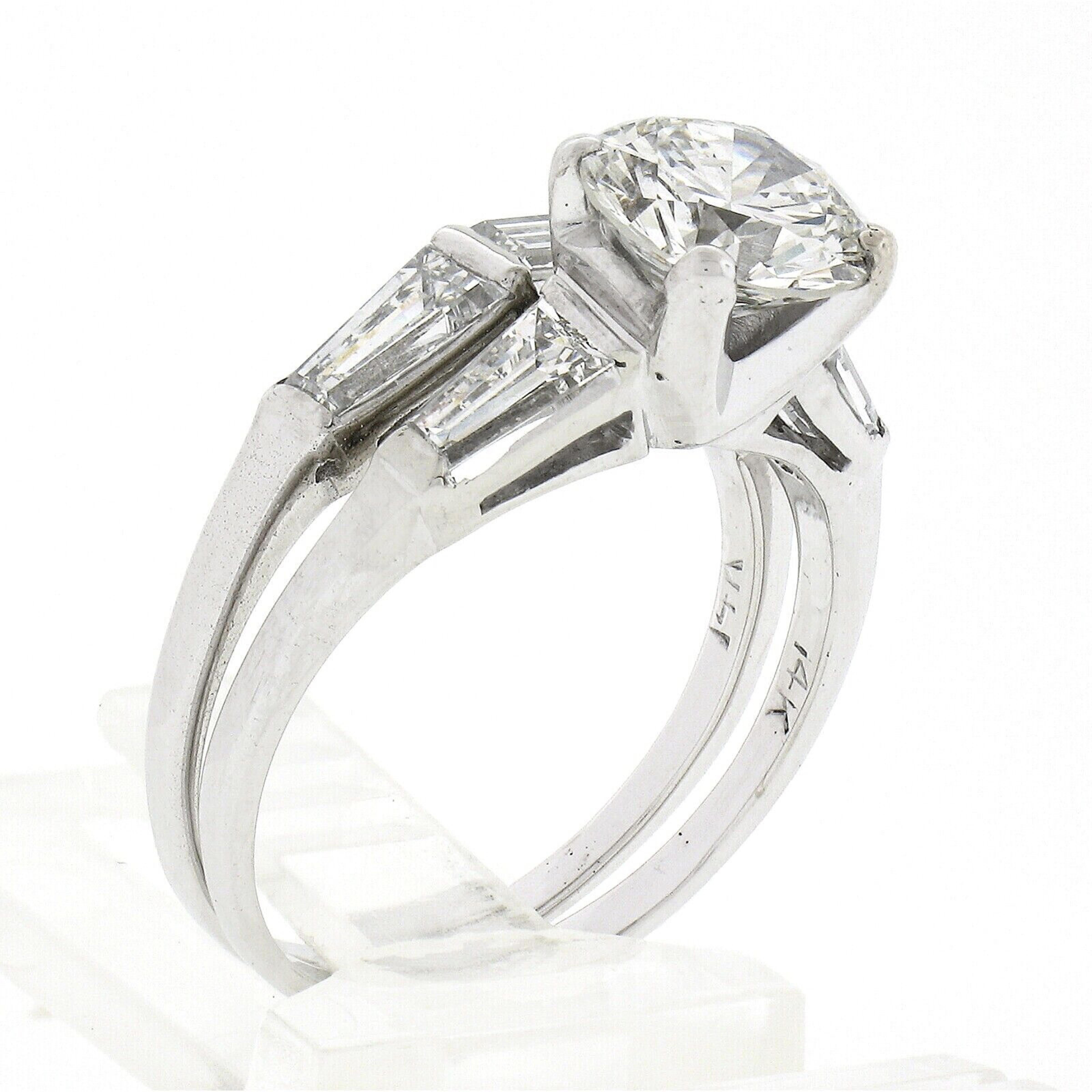 Vintage 14k Gold GIA Round Diamond Baguette 2.94ctw Engagement Wedding Ring Set For Sale 2
