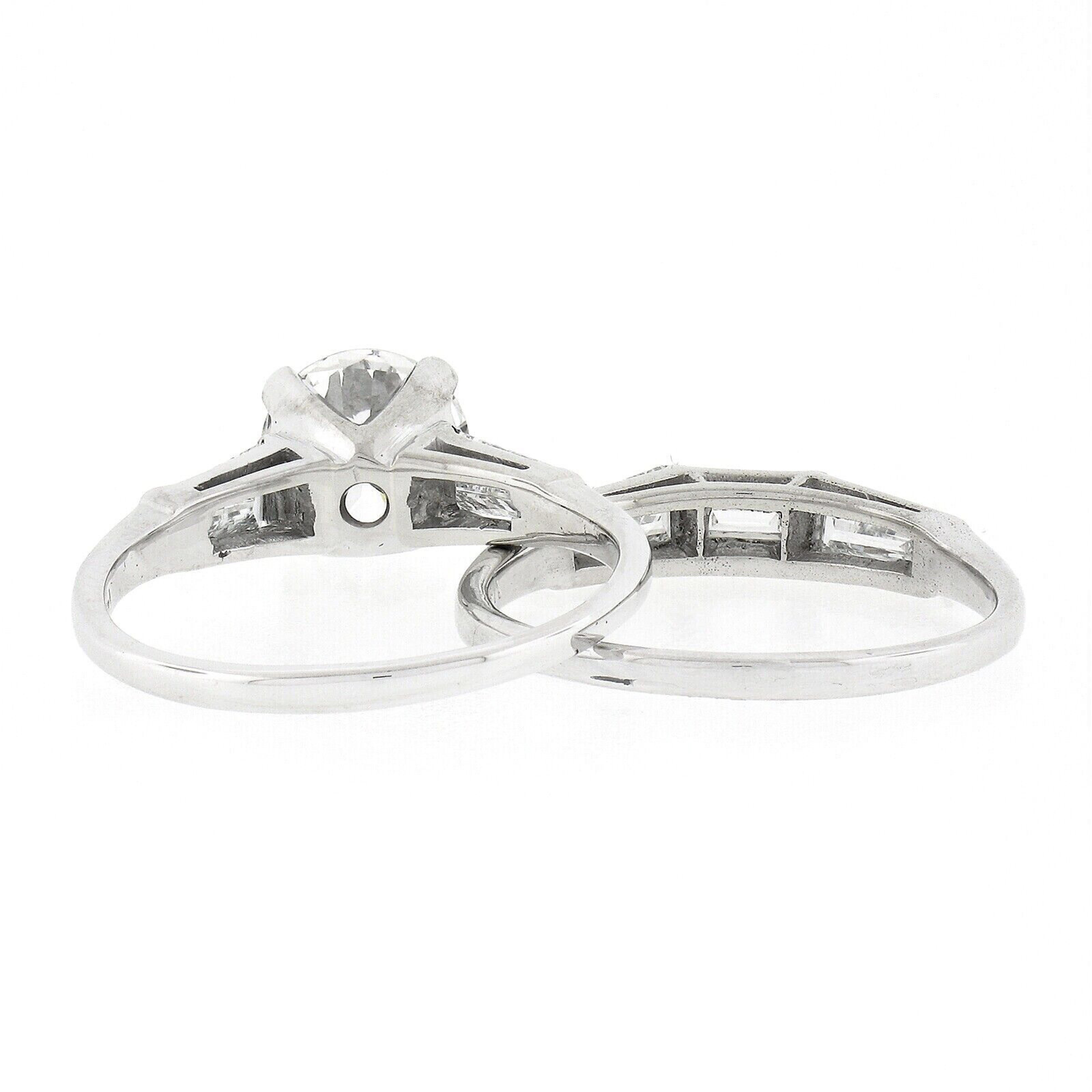 Vintage 14k Gold GIA Round Diamond Baguette 2.94ctw Engagement Wedding Ring Set For Sale 4