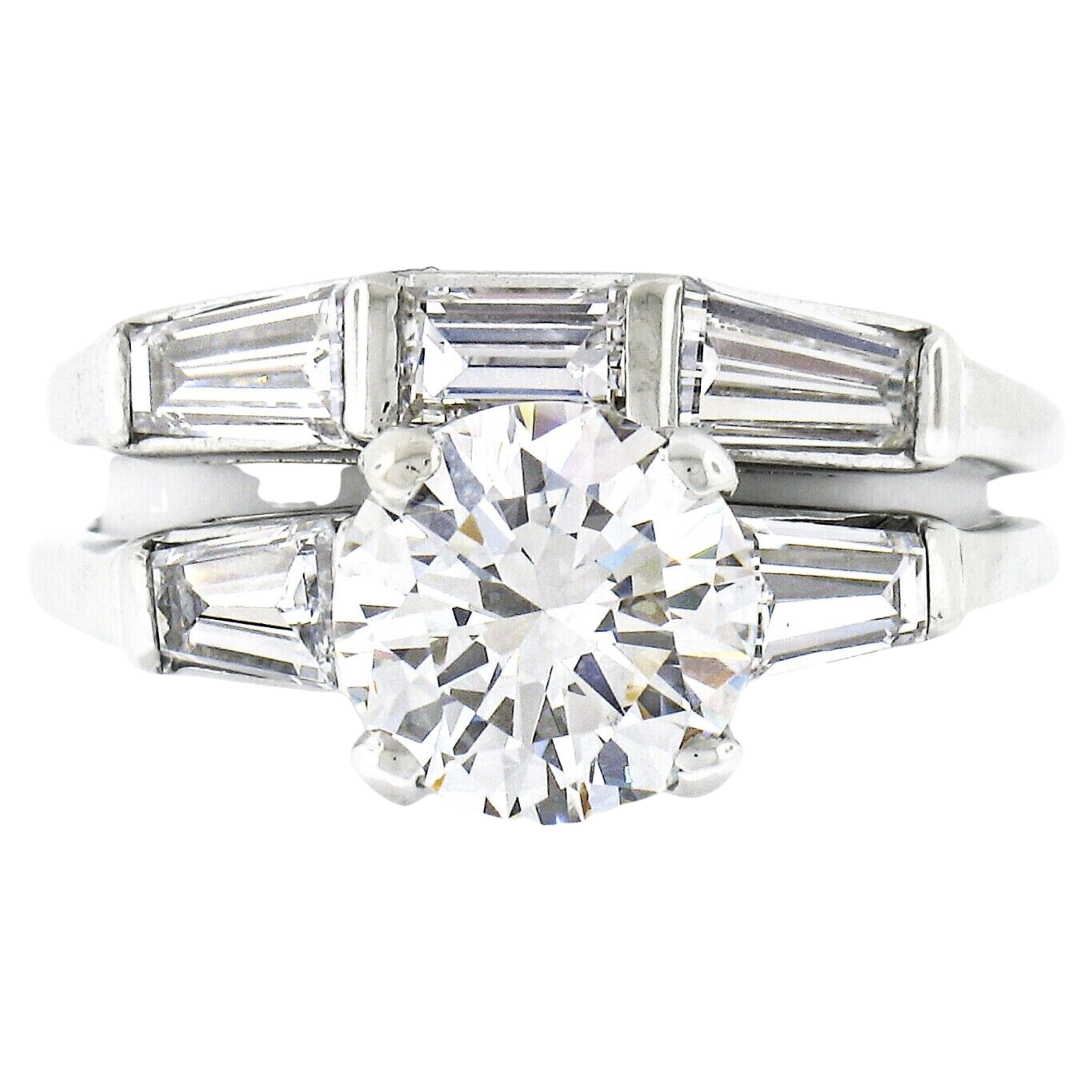 Vintage 14k Gold GIA Round Diamond Baguette 2.94ctw Engagement Wedding Ring Set For Sale