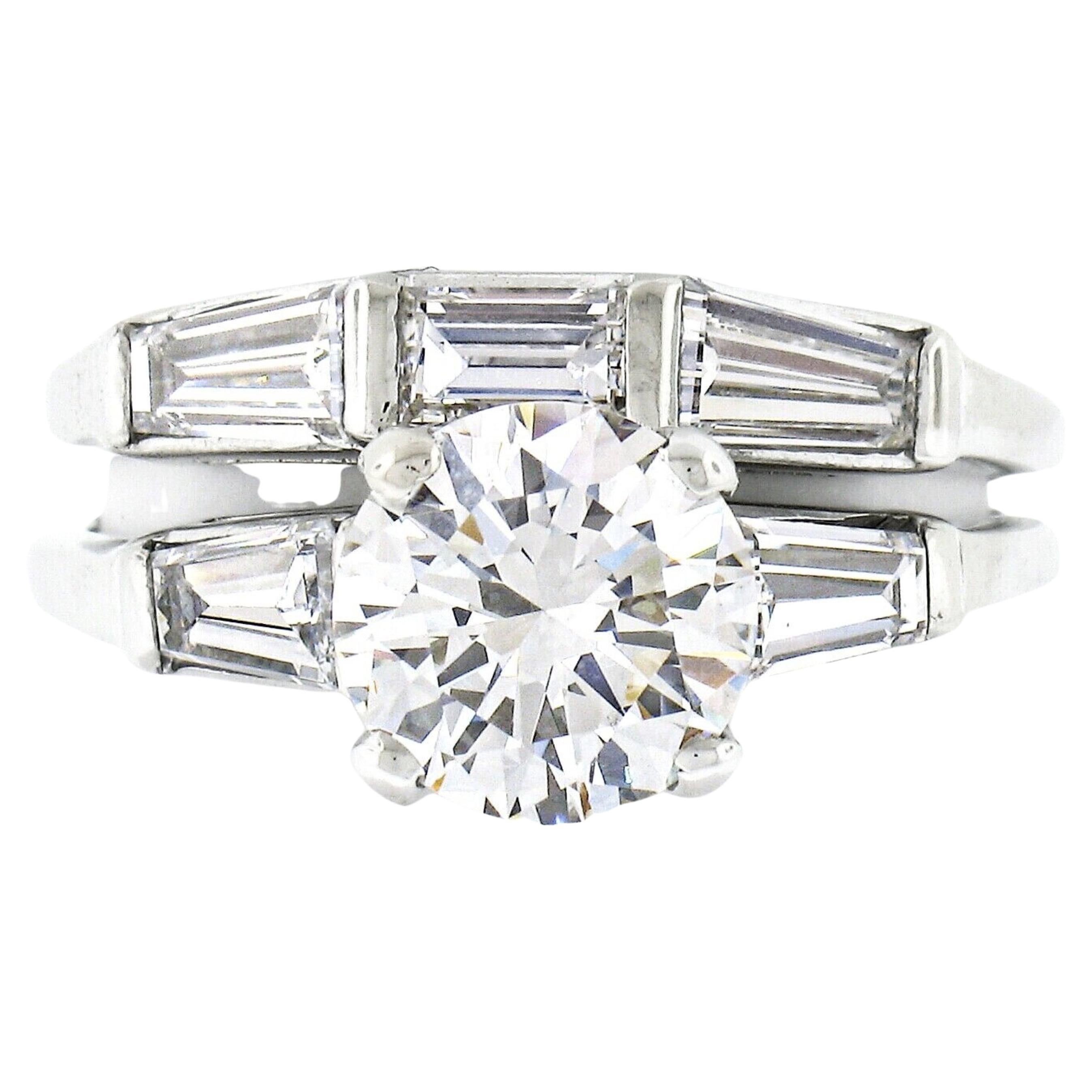 Vintage 14k Oro GIA Diamante redondo Baguette 2.94ctw Anillo de compromiso de boda Set