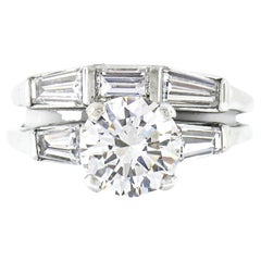 Retro 14k Gold GIA Round Diamond Baguette 2.94ctw Engagement Wedding Ring Set