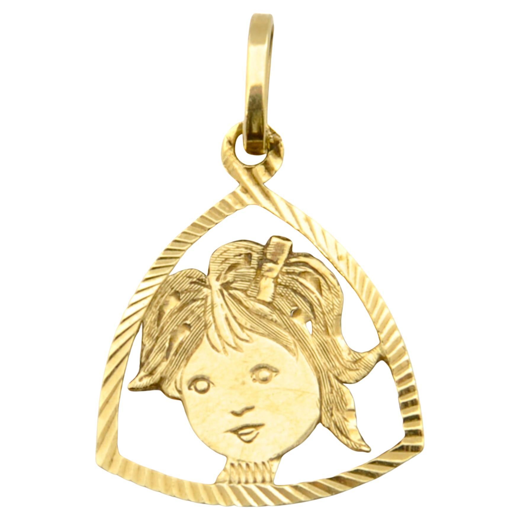 Vintage Little Girl with Bow 14K Gold Charm Pendant For Sale