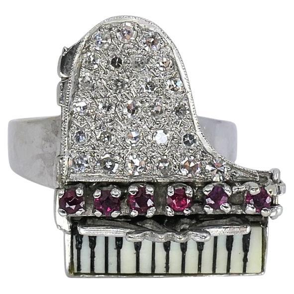 Vintage 14k Gold Grand Piano Diamond Gemstone Ring For Sale
