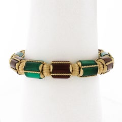 Vintage 14k Gold Green Onyx / Chrysoprase & Carnelian Rope Link Tassel Bracelet