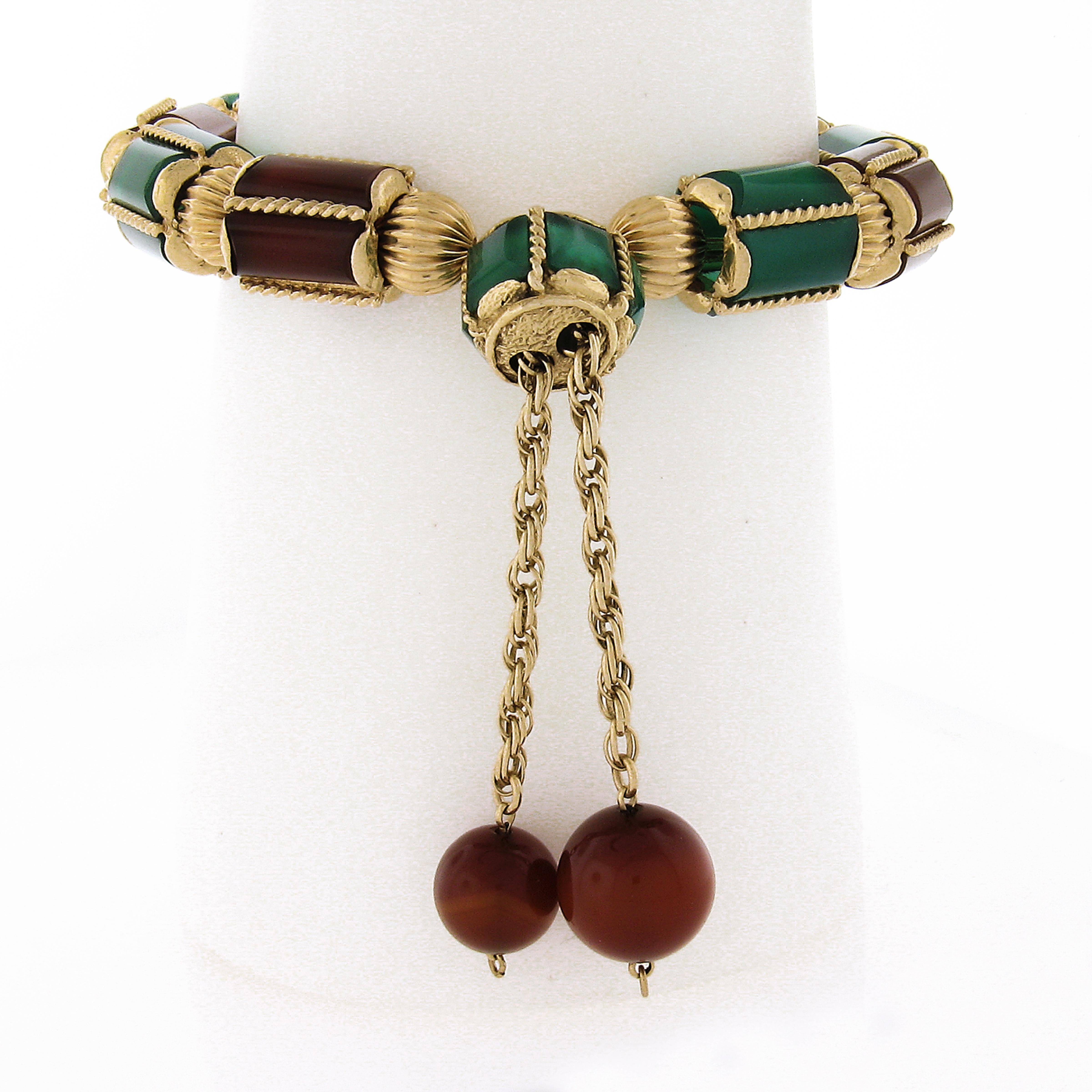 Mixed Cut Vintage 14k Gold Green Onyx / Chrysoprase & Carnelian Rope Link Tassel Bracelet