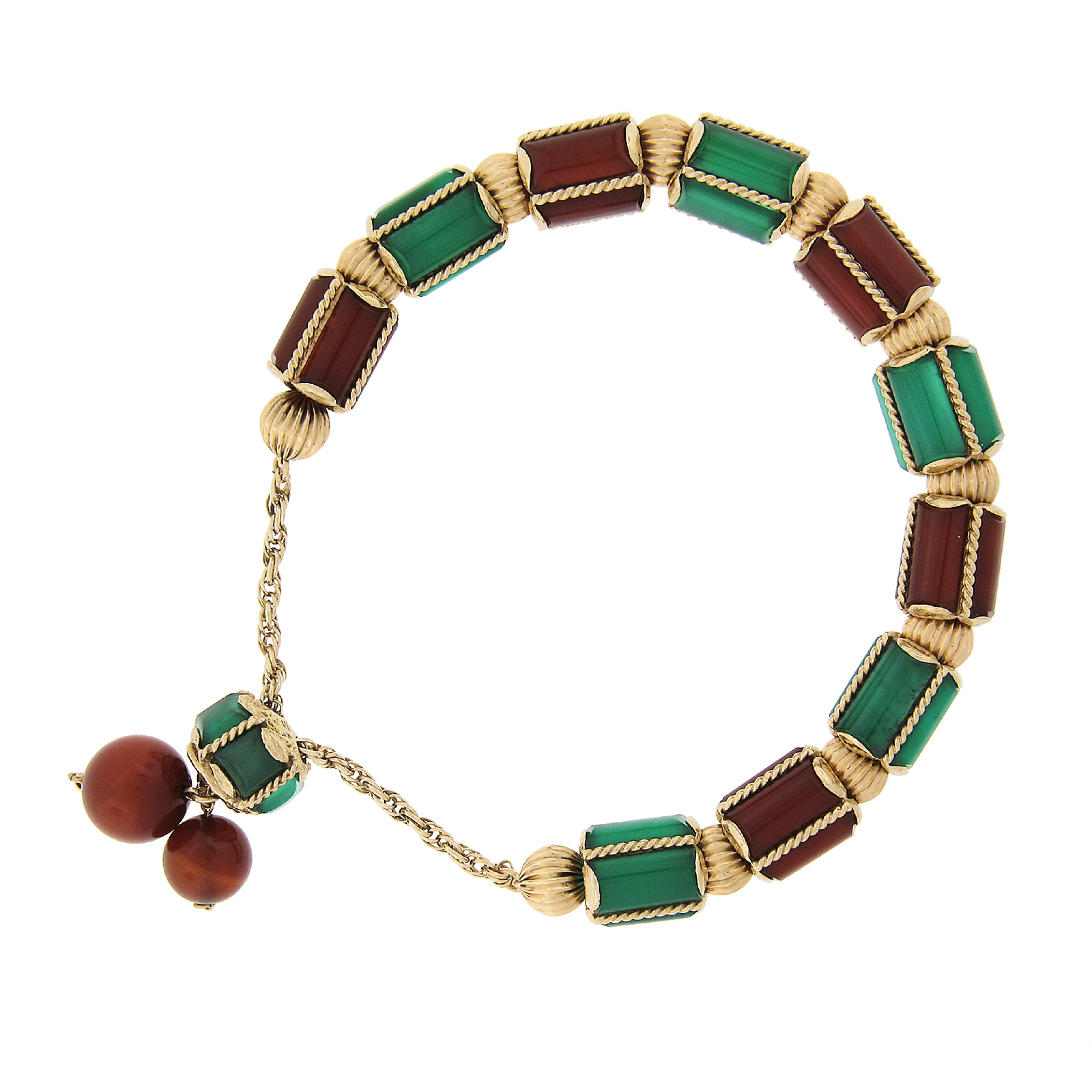 Women's or Men's Vintage 14k Gold Green Onyx / Chrysoprase & Carnelian Rope Link Tassel Bracelet