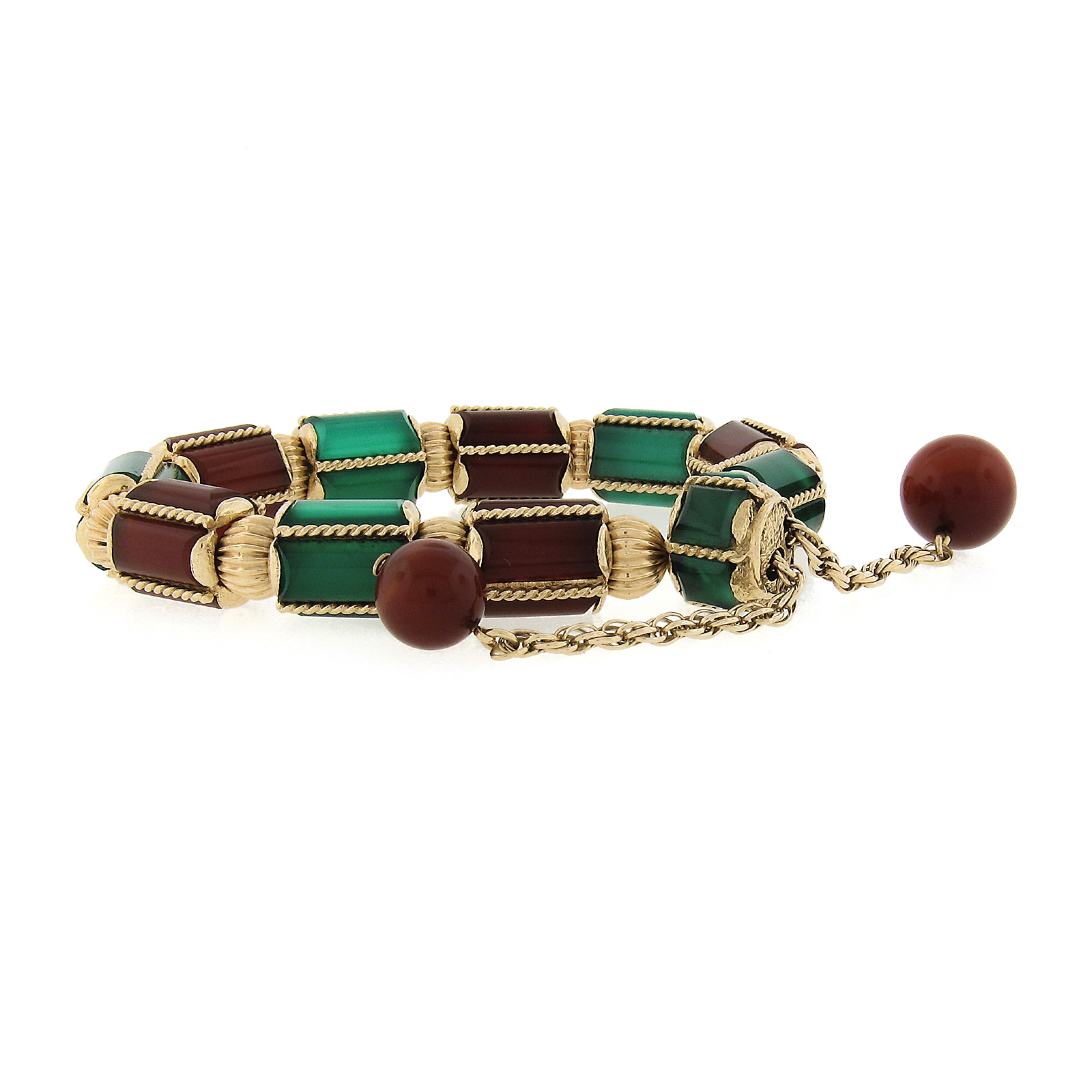 Women's or Men's Vintage 14k Gold Green Onyx / Chrysoprase & Carnelian Rope Link Tassel Bracelet For Sale
