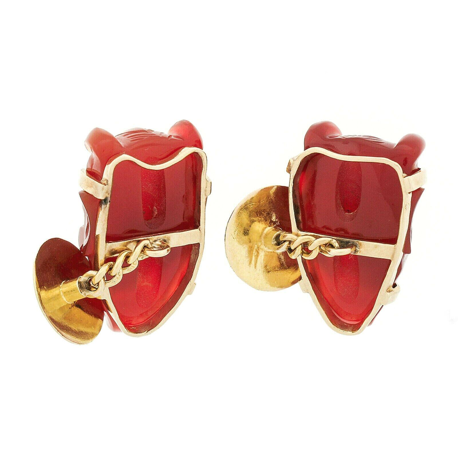 Uncut Vintage 14k Gold Carved Japanese Demon The Hannya GIA Carnelian Cufflinks Links