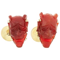 Vintage 14k Gold Carved Japanese Demon The Hannya GIA Carnelian Cufflinks Links