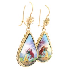 Vintage 14k Gold Hand Painted Portrait Twisted Wire Teardrop Dangle Earrings