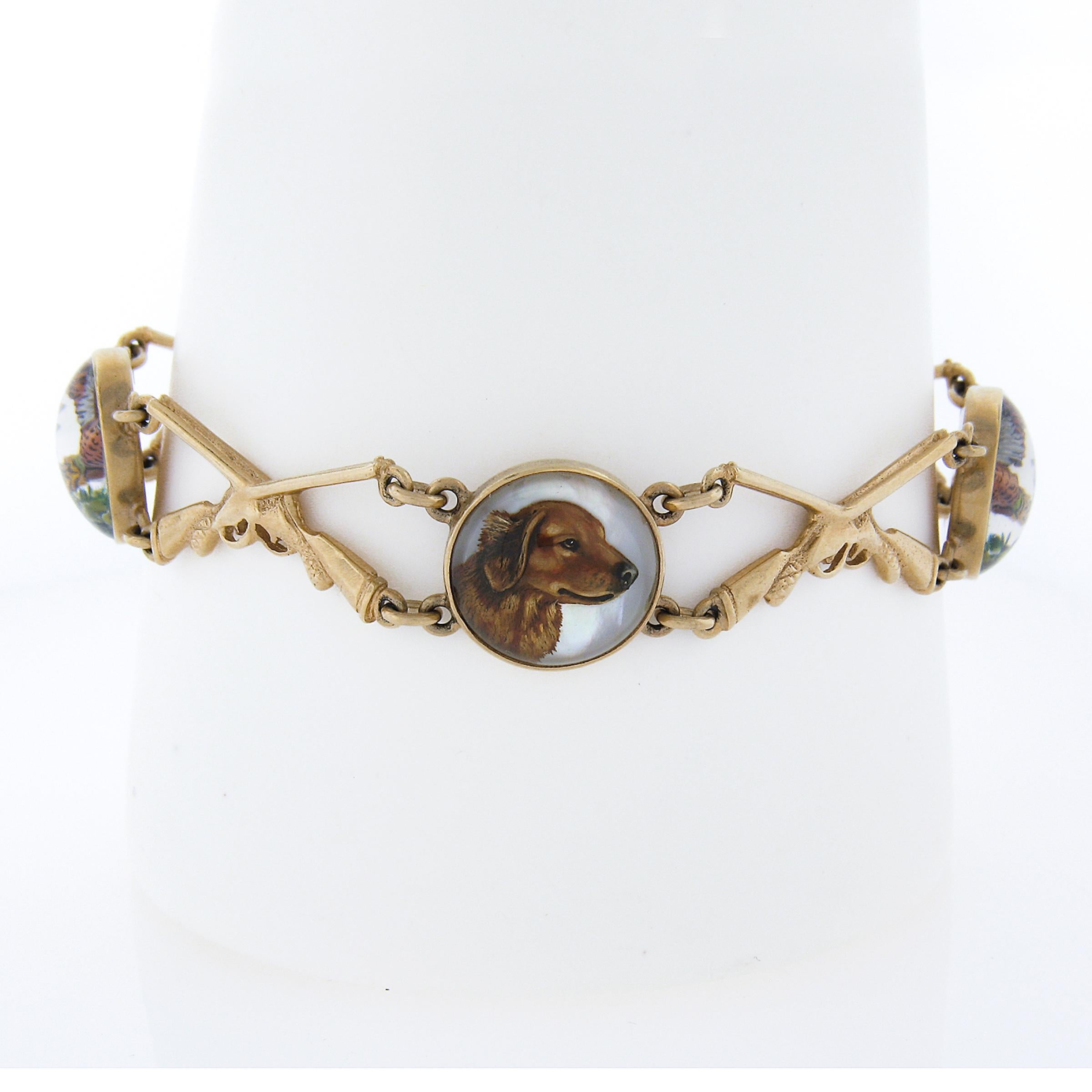This gorgeous vintage hunting bracelet features portraits of a hunting dog and flying pheasants, attached to hunting rifles throughout the design. The bracelet is highly collectible and would make a great add to your style while you're on this