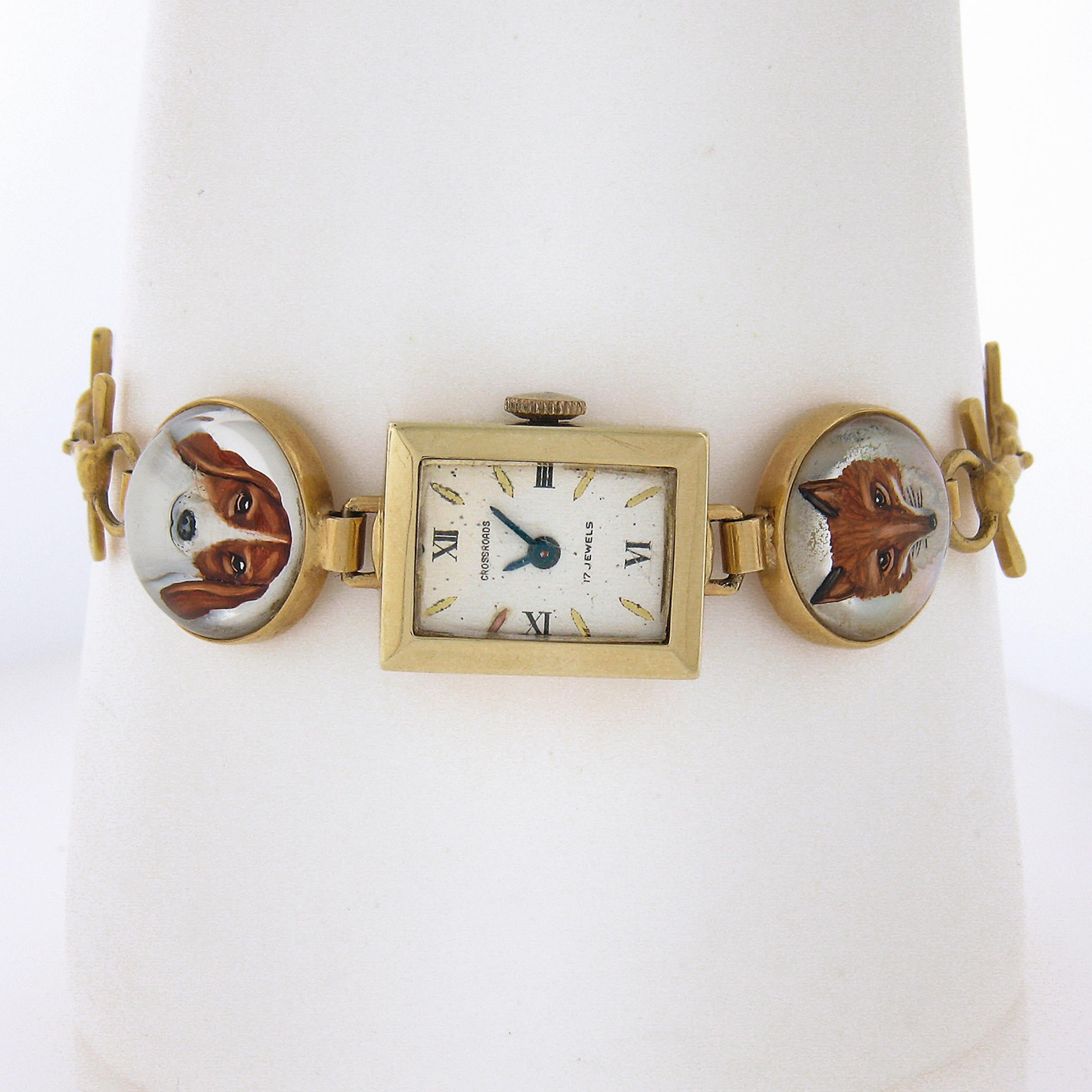 This gorgeous vintage watch bracelet features wonderful portraits of a dog, fox and a jockey riding a horse done in a reversed intaglio technique. The bracelet also features a Swiss made, mechanical hand winding watch that is working and keeping