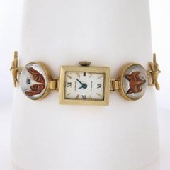 Vintage 14K Gold Hand Painted Reverse Intaglio Fox Horse Dog Watch Bracelet
