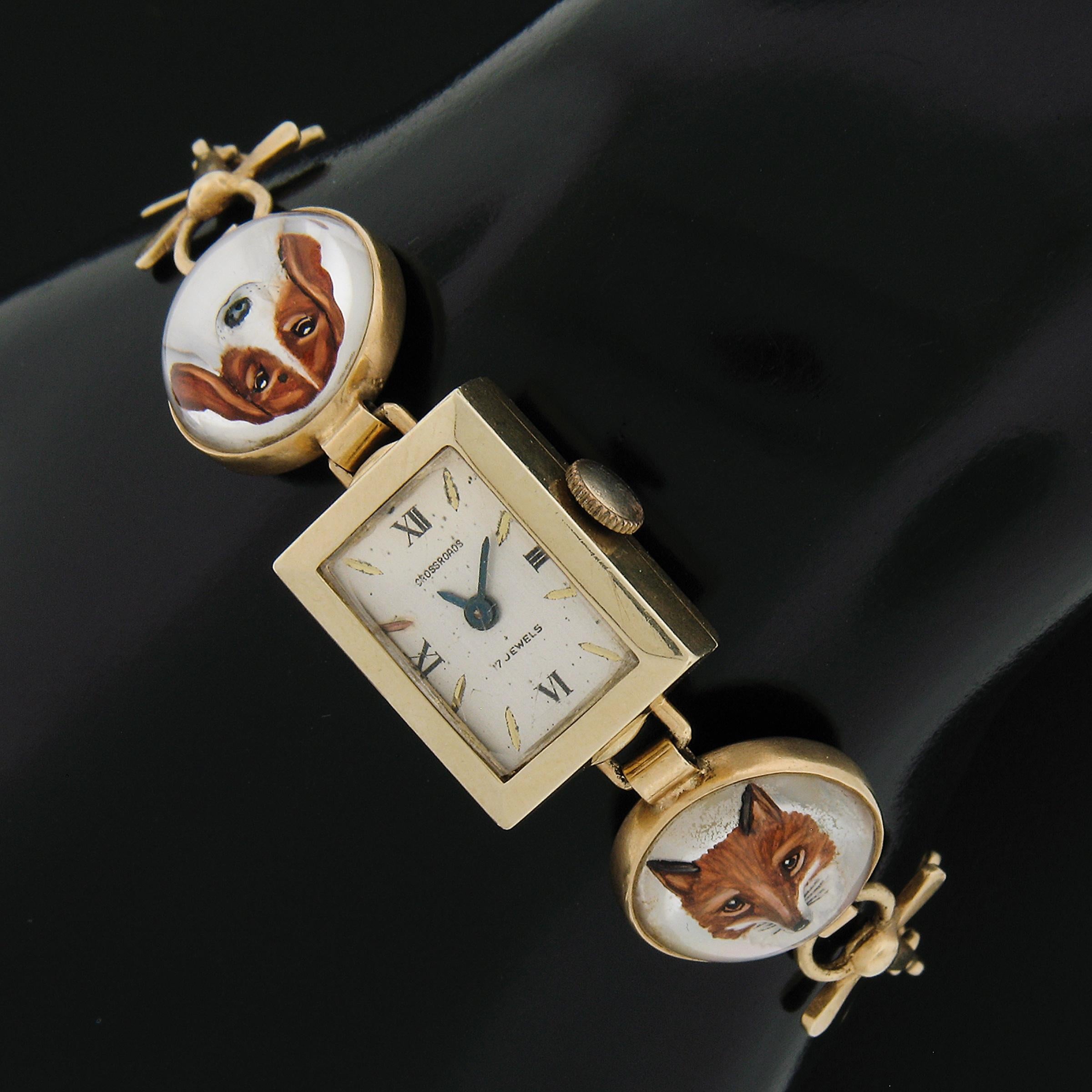 Vintage 14K Gold Hand Painted Reverse Intaglio Fox Horse Dog Watch Bracelet For Sale 1
