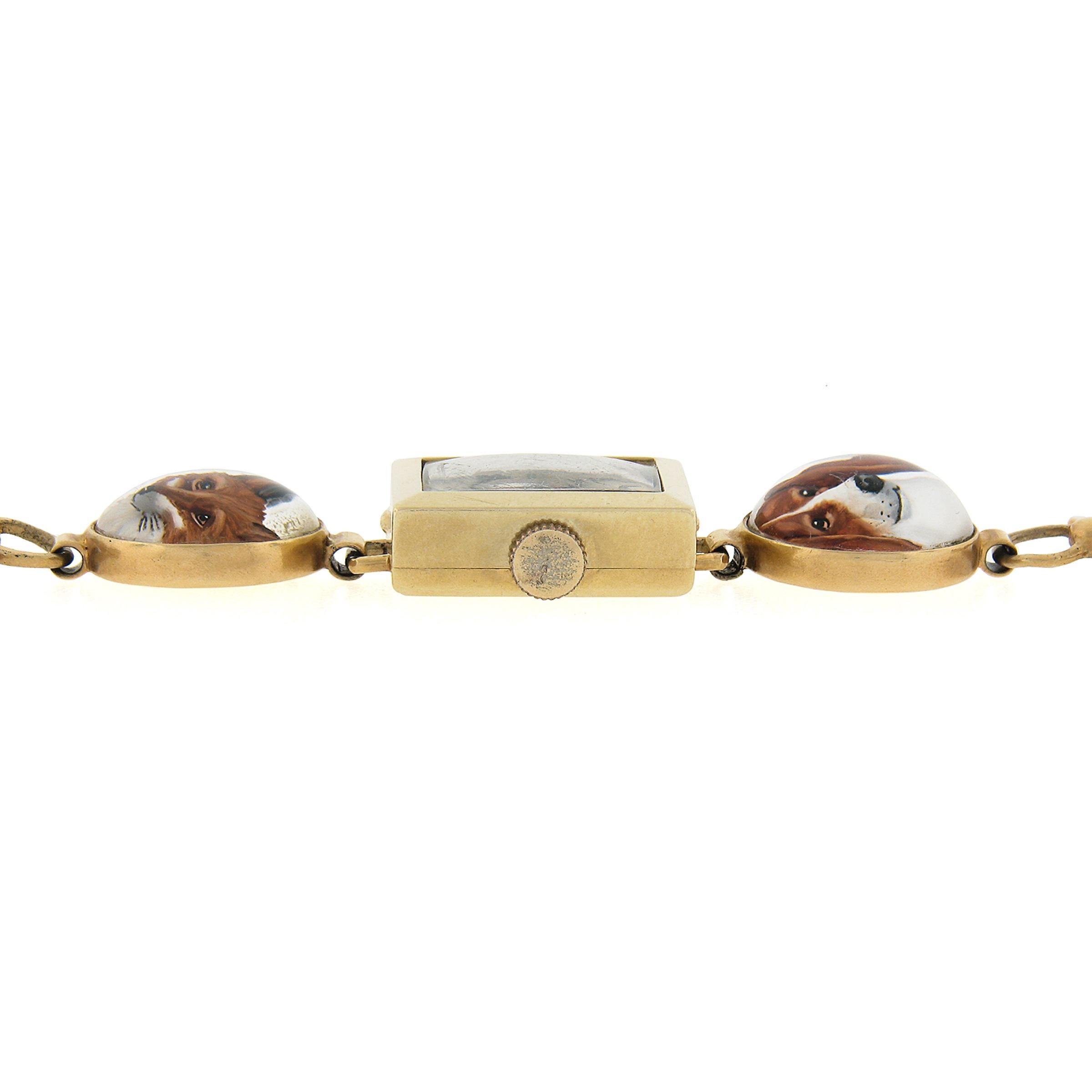 Vintage 14K Gold Hand Painted Reverse Intaglio Fox Horse Dog Watch Bracelet For Sale 3