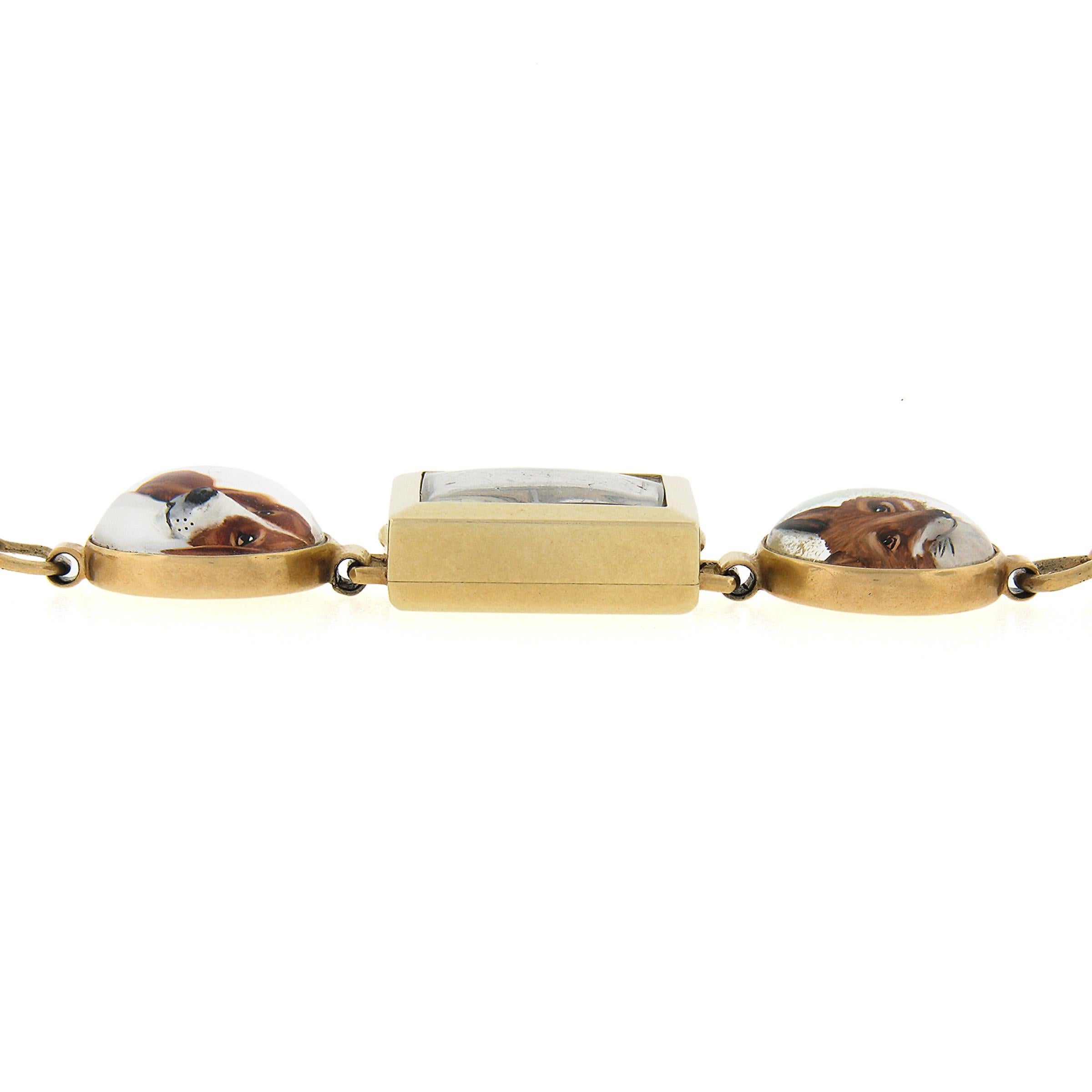 Vintage 14K Gold Hand Painted Reverse Intaglio Fox Horse Dog Watch Bracelet For Sale 4