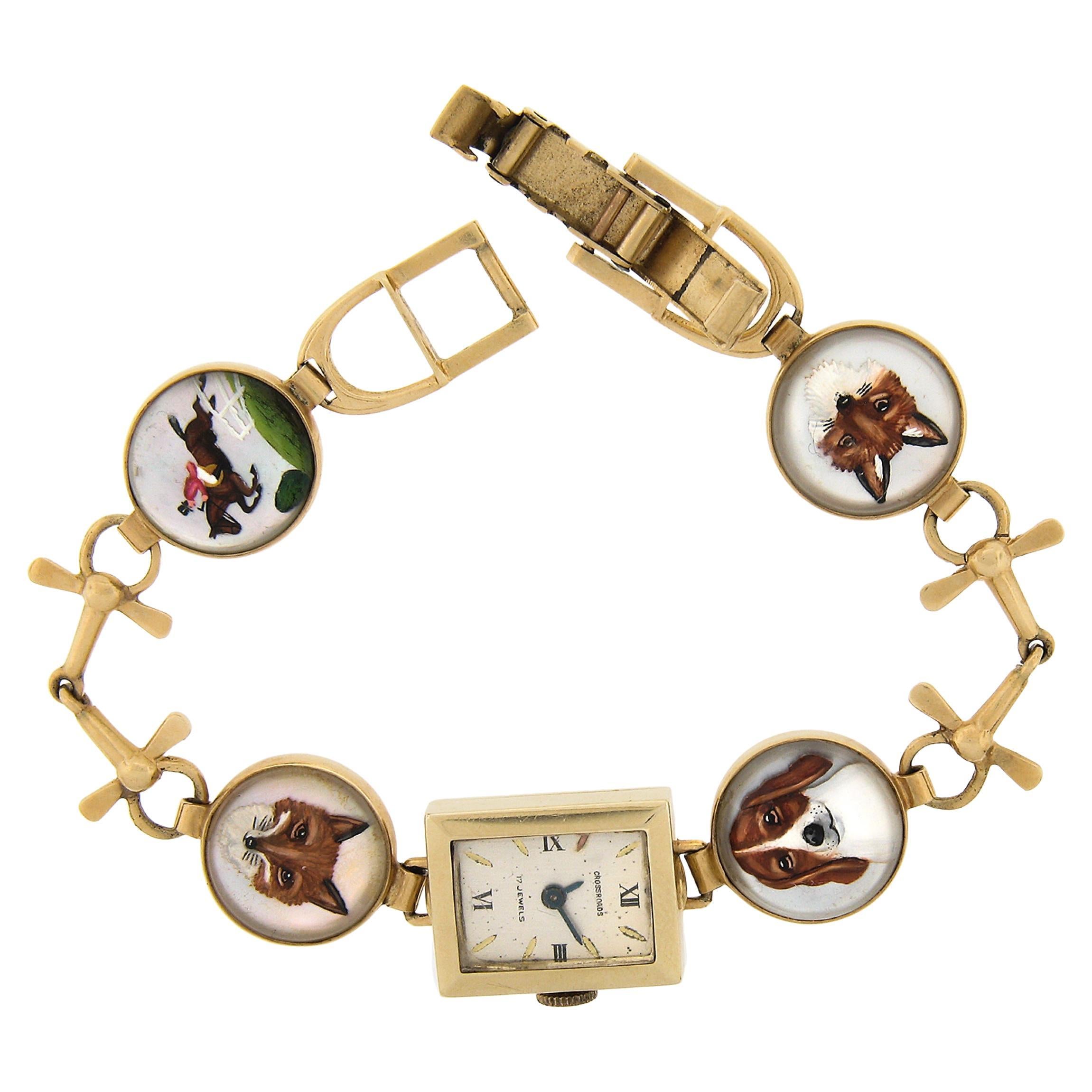 Vintage 14K Gold Hand Painted Reverse Intaglio Fox Horse Dog Watch Bracelet