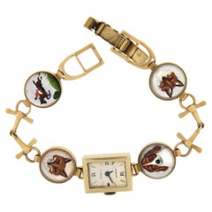 Vintage 14K Gold Hand Painted Reverse Intaglio Fox Horse Dog Watch Bracelet