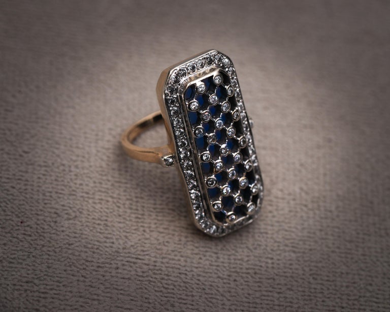 14 Karat Gold Handmade Diamond Lattice Ring with Blue Color Stone