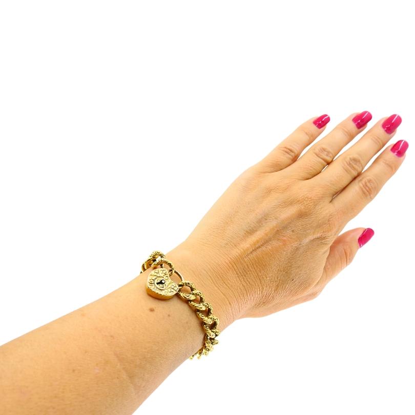 Vintage 14k Gold Heart Lock Link Bracelet Bon état - En vente à Beverly Hills, CA