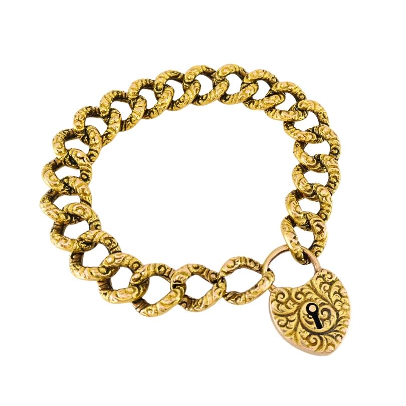 Vintage 14k Gold Heart Lock Link Bracelet en vente 3