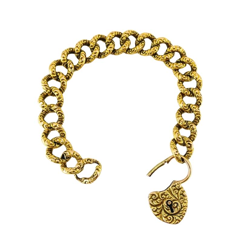 Vintage 14k Gold Heart Lock Link Bracelet en vente 4
