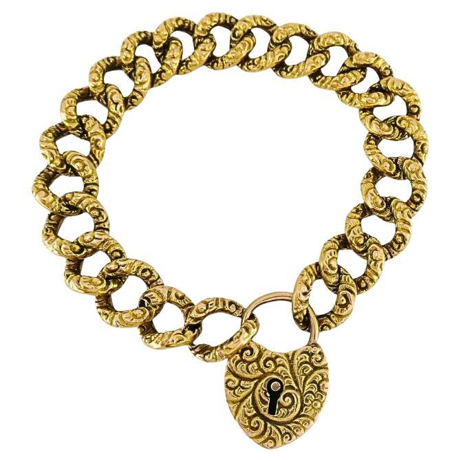 Vintage 14k Gold Heart Lock Link Bracelet en vente