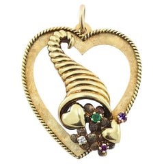 Vintage 14k Gold Heart Pendant Gemstone Cornucopia Design Vintage 14k Gold Heart Pendant Gemstone Cornucopia Design