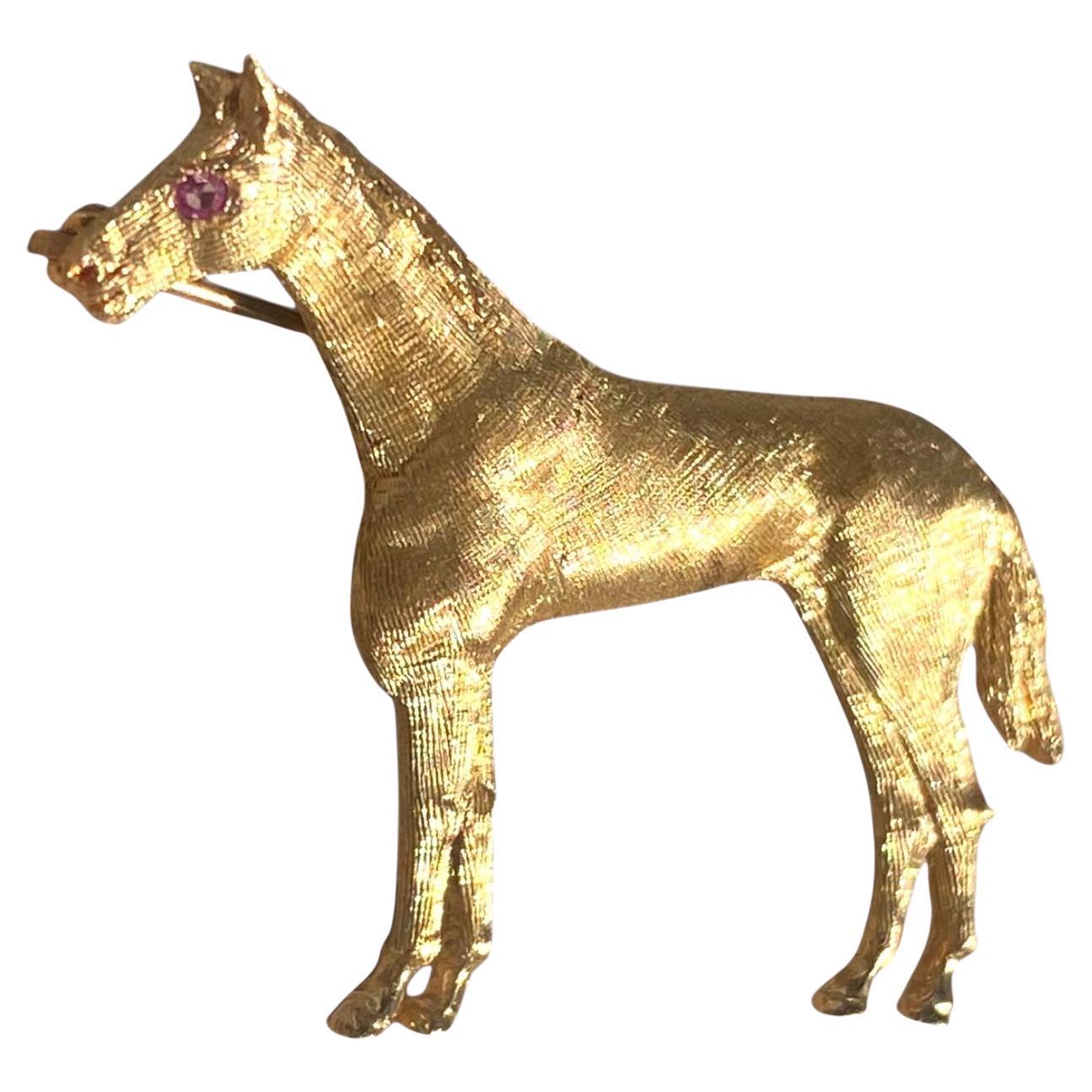 Vintage 14K Gold Horse Brooch with Ruby Eye