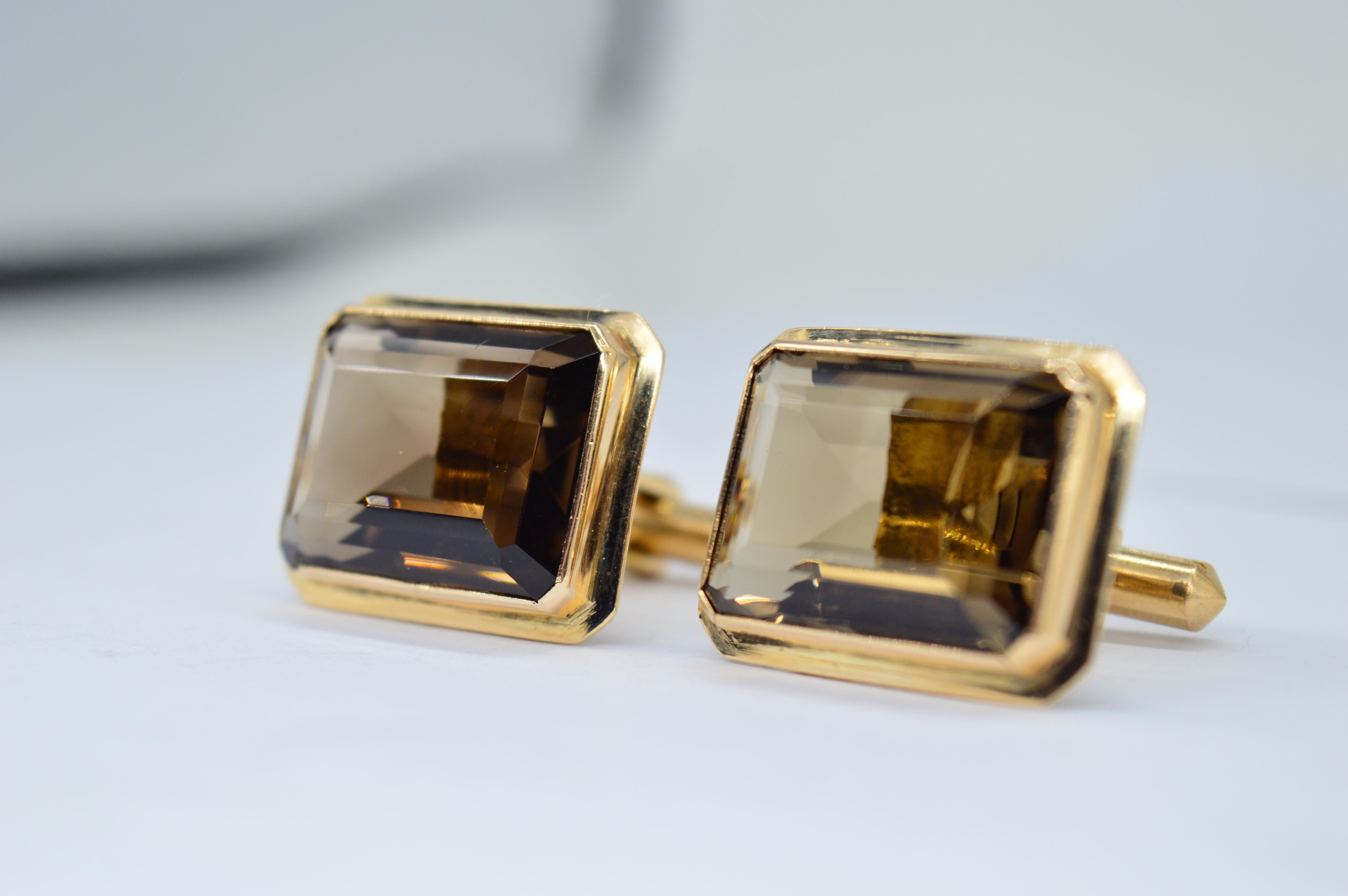 Emerald Cut Vintage 14K Gold Huge Smoky Quartz Art Deco Unique Luxury Statement Cufflinks For Sale