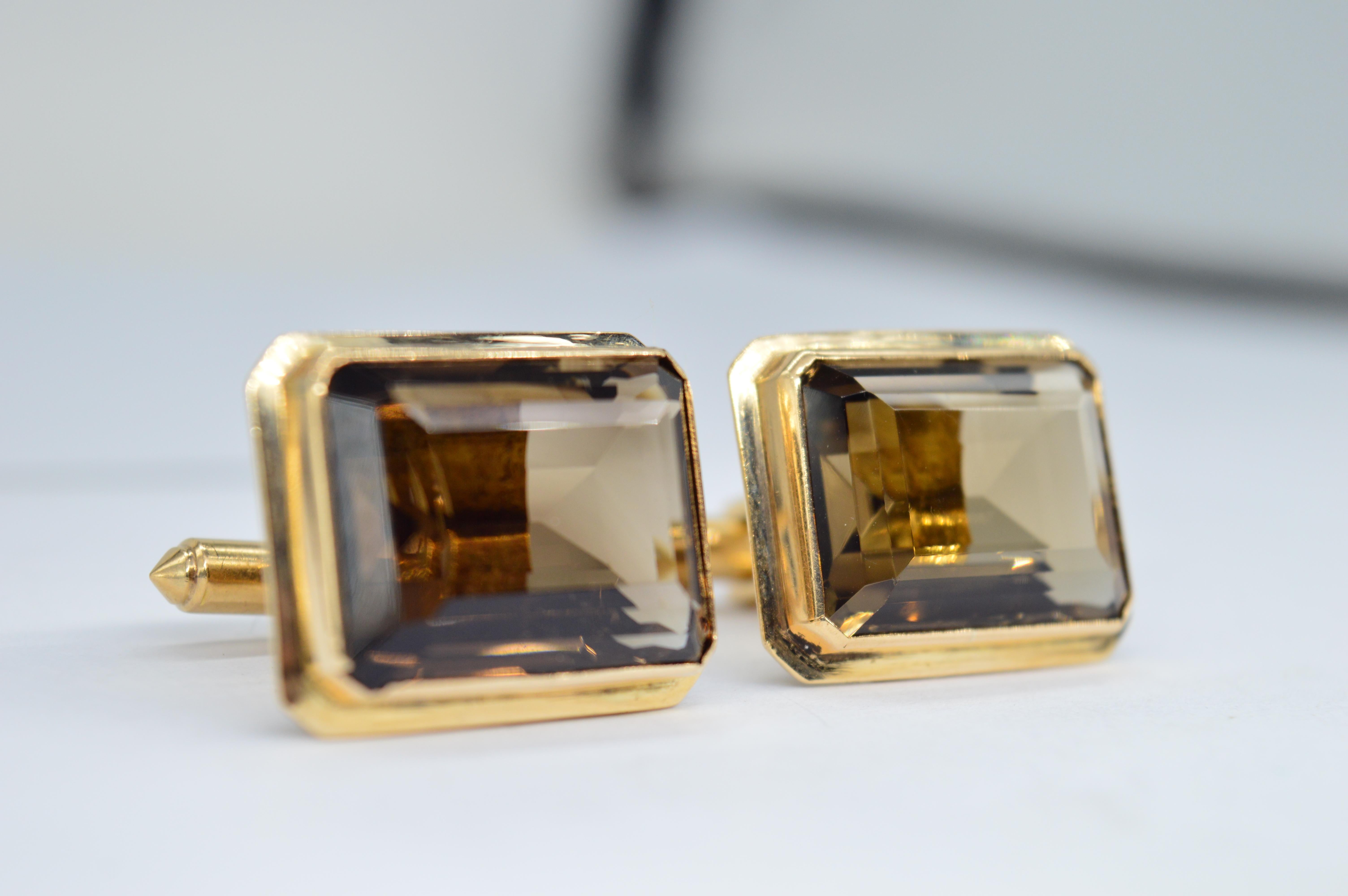 Women's or Men's Vintage 14K Gold Huge Smoky Quartz Art Deco Unique Luxury Statement Cufflinks For Sale