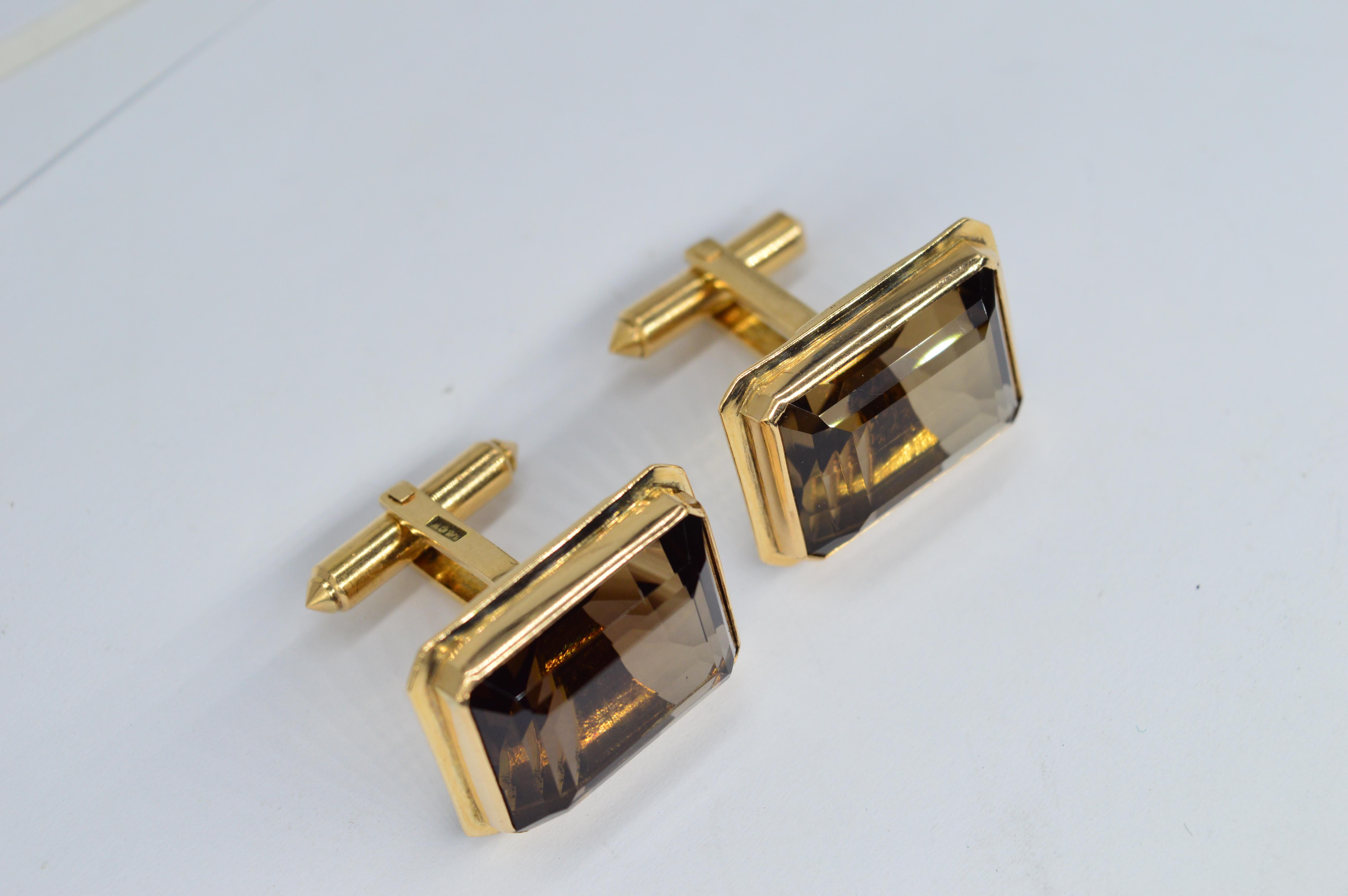 Vintage 14K Gold Huge Smoky Quartz Art Deco Unique Luxury Statement Cufflinks For Sale 1