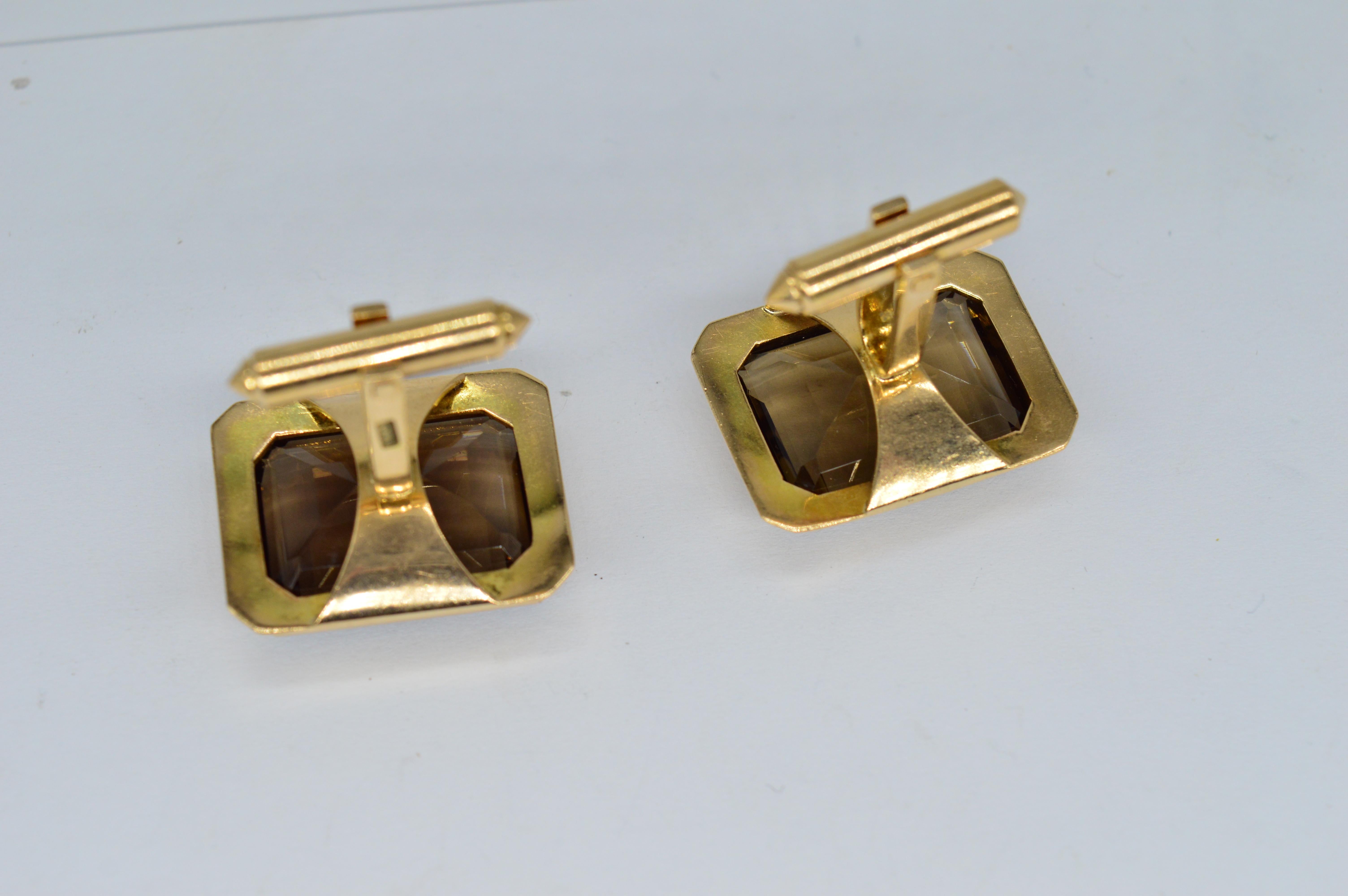 Vintage 14K Gold Huge Smoky Quartz Art Deco Unique Luxury Statement Cufflinks For Sale 2