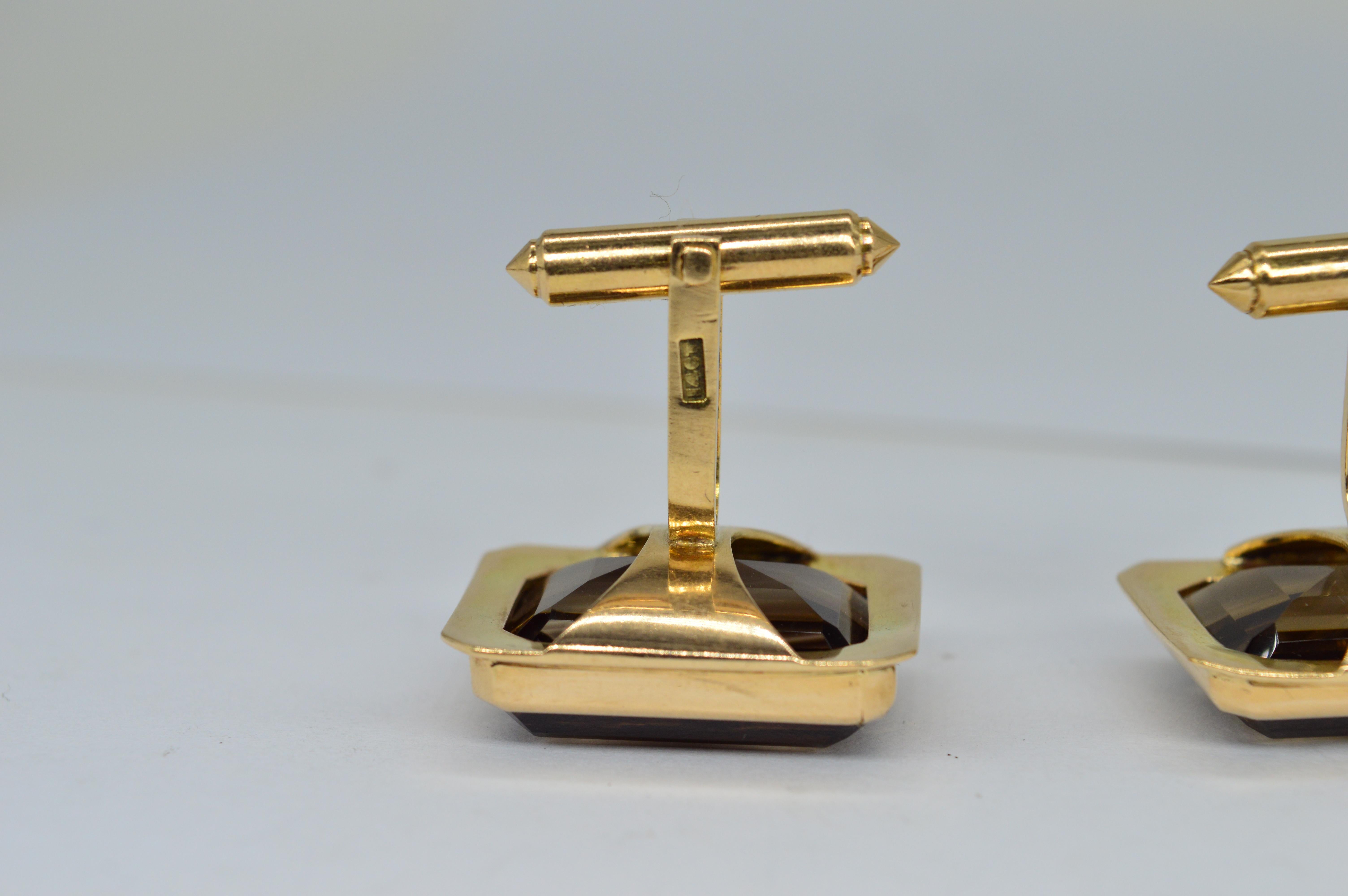 Vintage 14K Gold Huge Smoky Quartz Art Deco Unique Luxury Statement Cufflinks For Sale 3