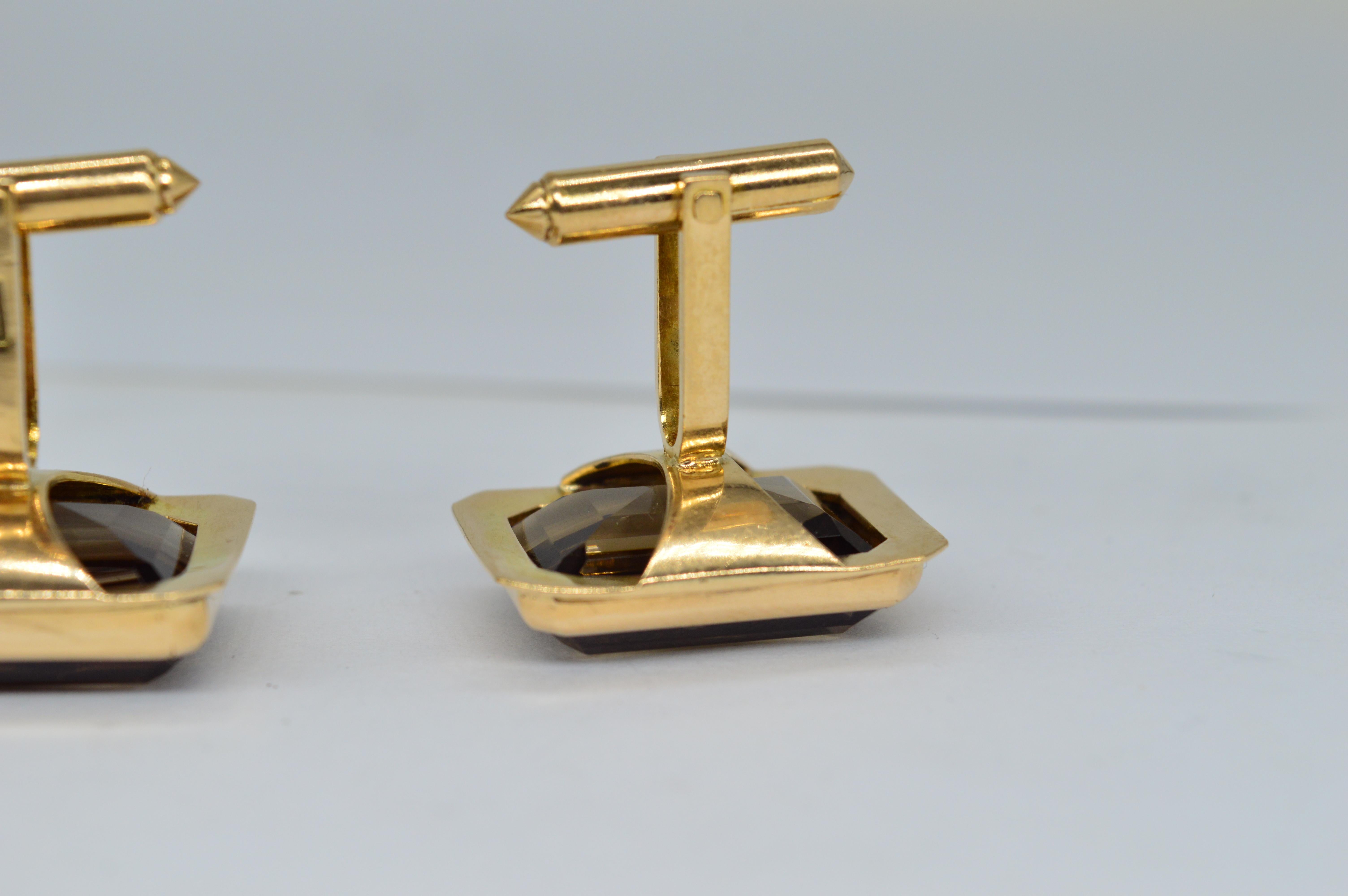 14 Karat Gold Riesiger Rauchquarz Art Deco Einzigartige Luxus Statement Manschettenknöpfe im Angebot 3