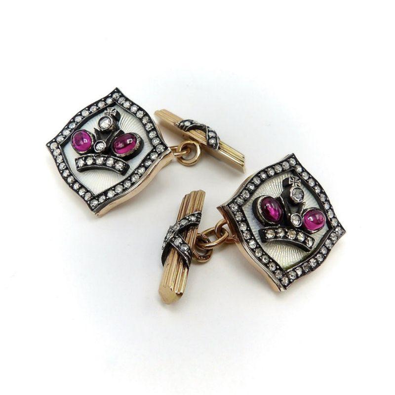 Modern Vintage 14K Gold Imperial Style Russian Cuff Links with Diamonds and Rubies For Sale
