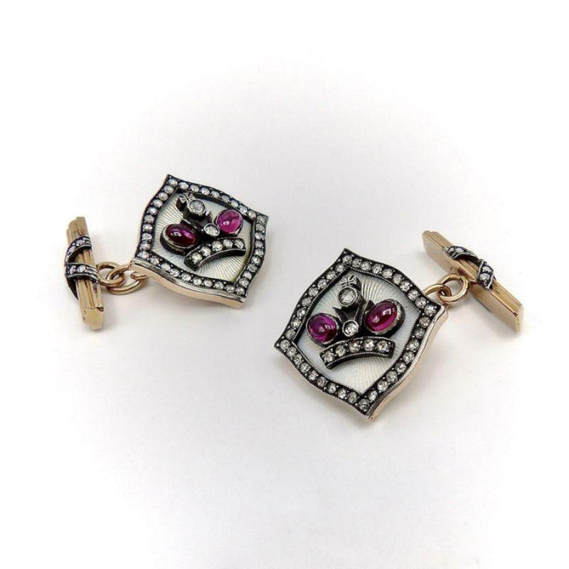 Rose Cut Vintage 14K Gold Imperial Style Russian Cuff Links with Diamonds and Rubies For Sale