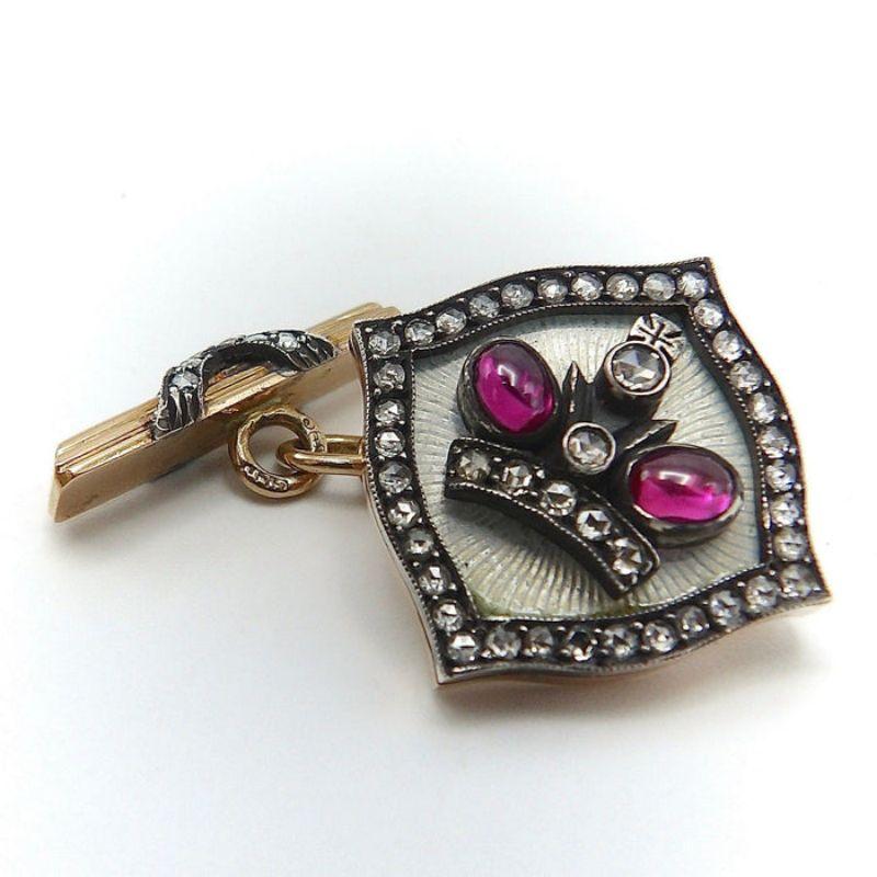 Vintage 14K Gold Imperial Style Russian Cuff Links with Diamonds and Rubies In Good Condition In Venice, CA