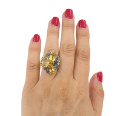 Vintage 14k Gold Imperial Topaz Blue Sapphire Diamond Cluster Cocktail Ring