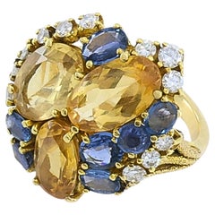 Vintage 14k Gold Imperial Topaz Blue Sapphire Diamond Cluster Cocktail Ring