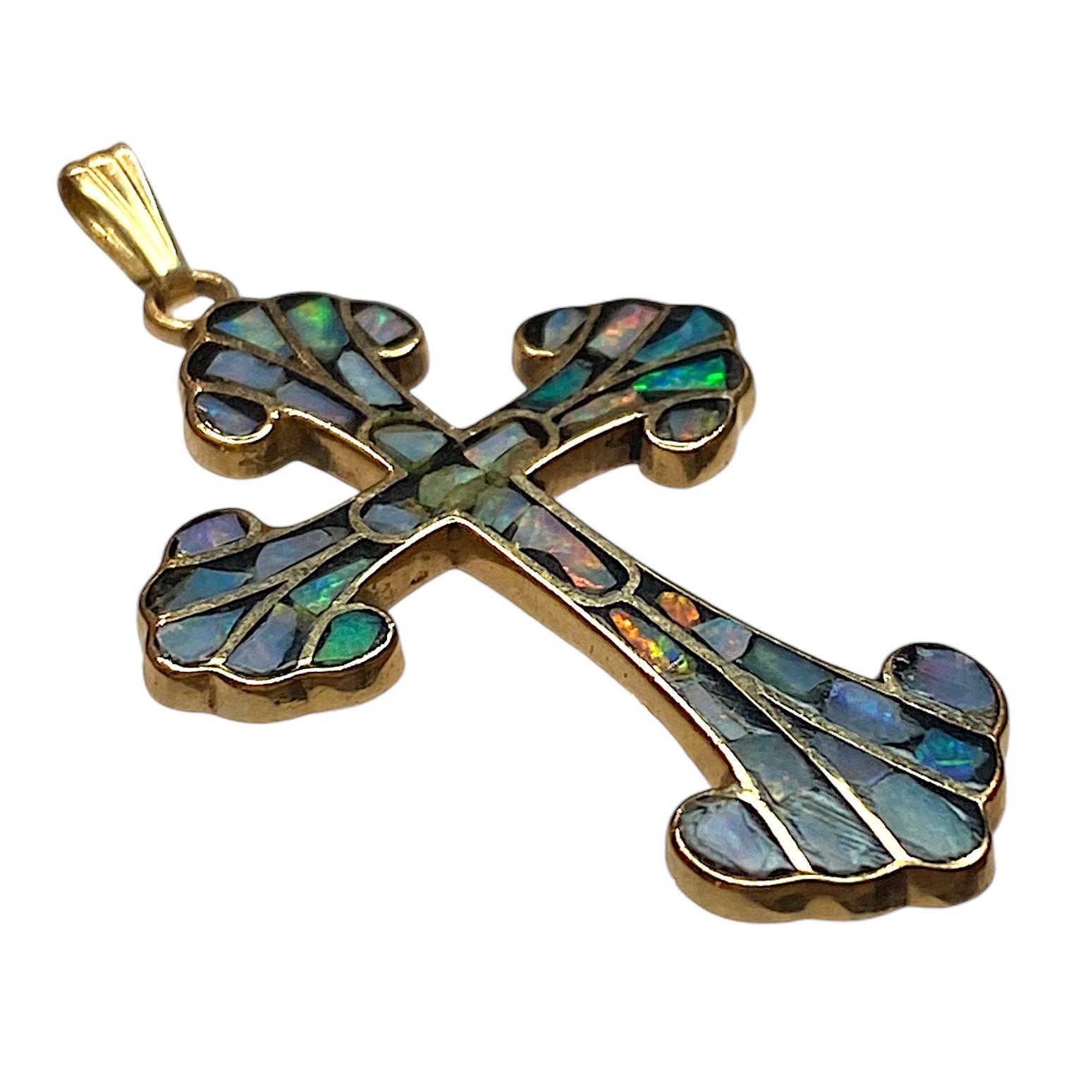 Art Nouveau Vintage 14K Gold Inlay Opal Cross Pendant