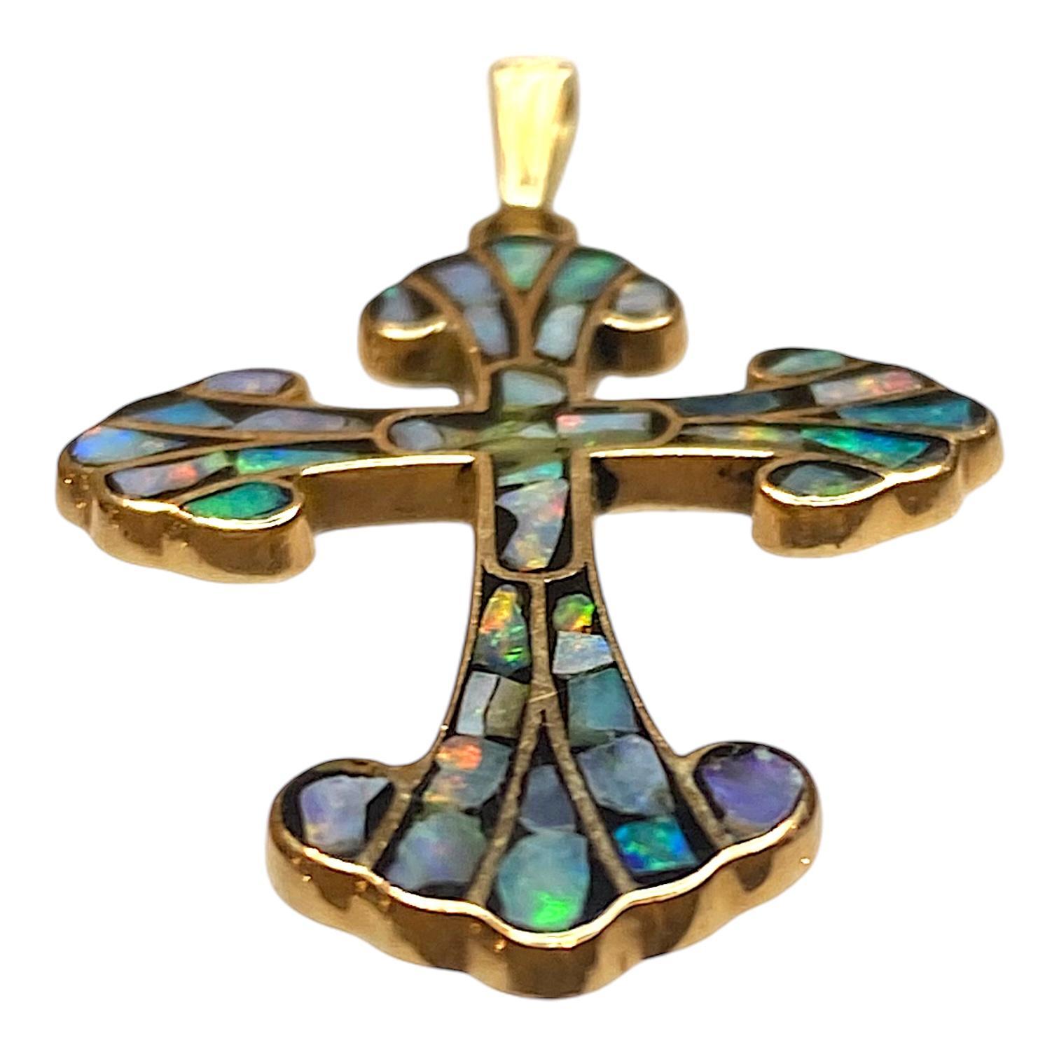 Mixed Cut Vintage 14K Gold Inlay Opal Cross Pendant