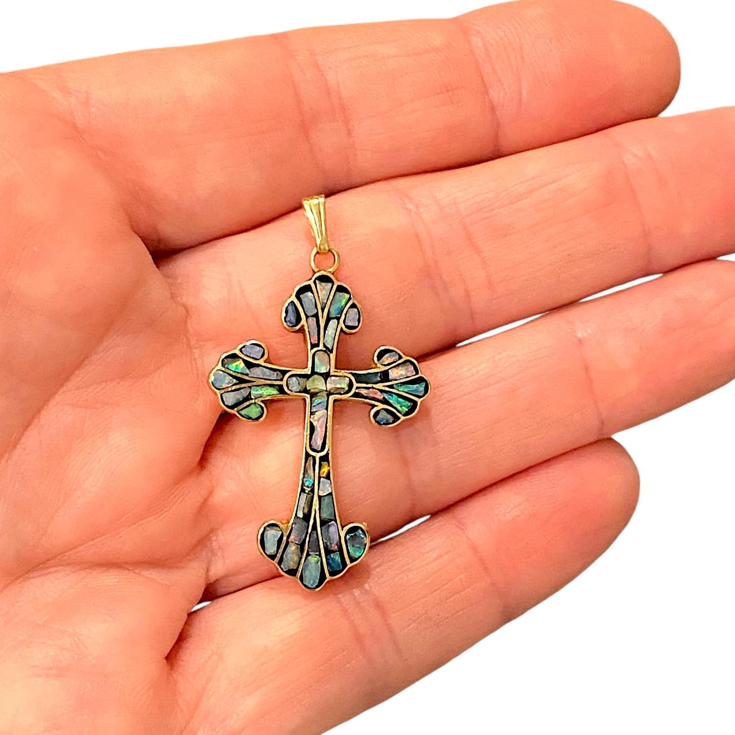 Vintage 14K Gold Inlay Opal Cross Pendant 3