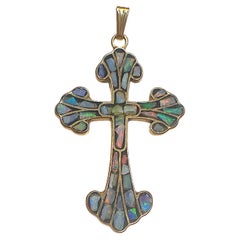 Vintage 14K Gold Inlay Opal Cross Pendant