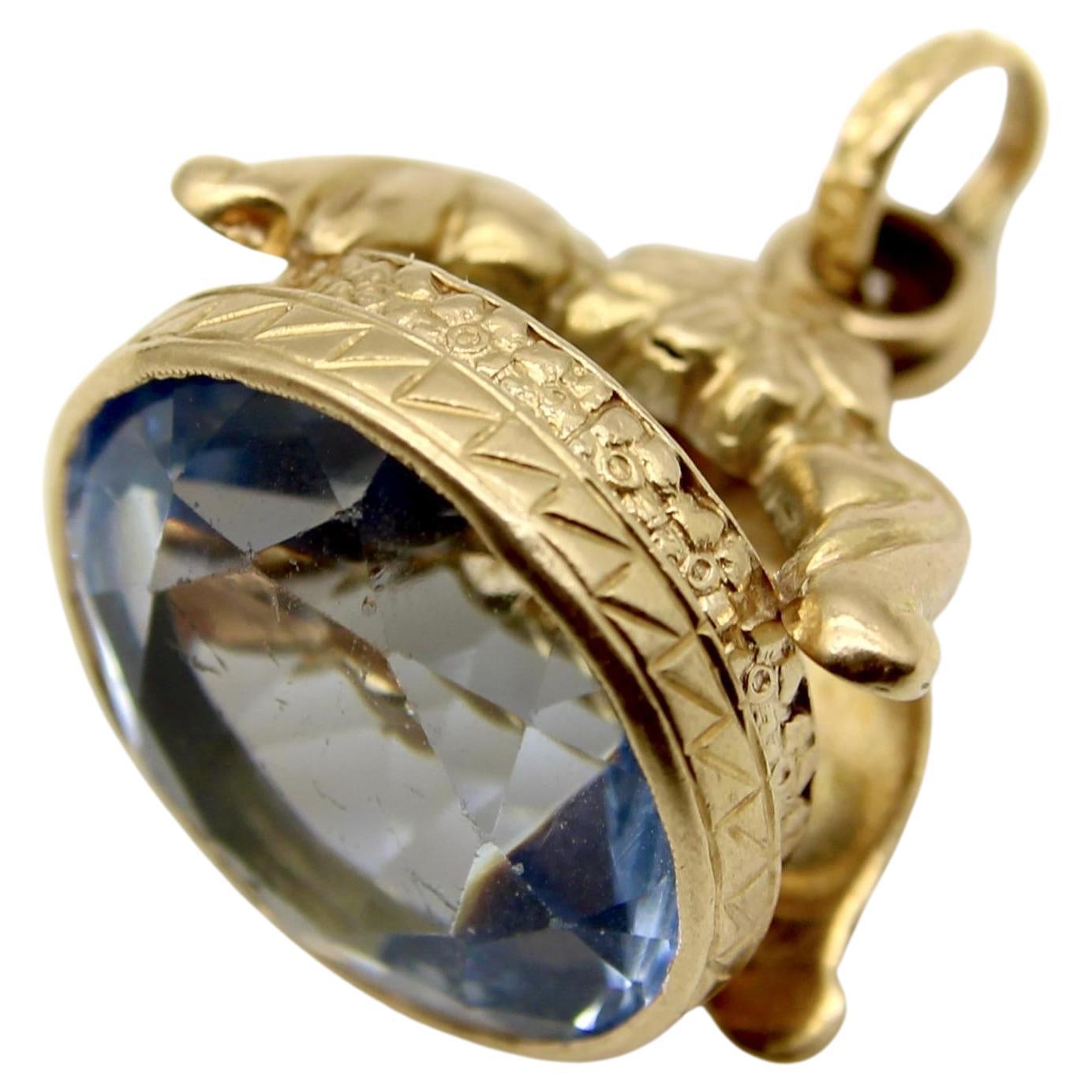 Portachiavi italiano d'epoca in oro 14K con pietra in pasta blu