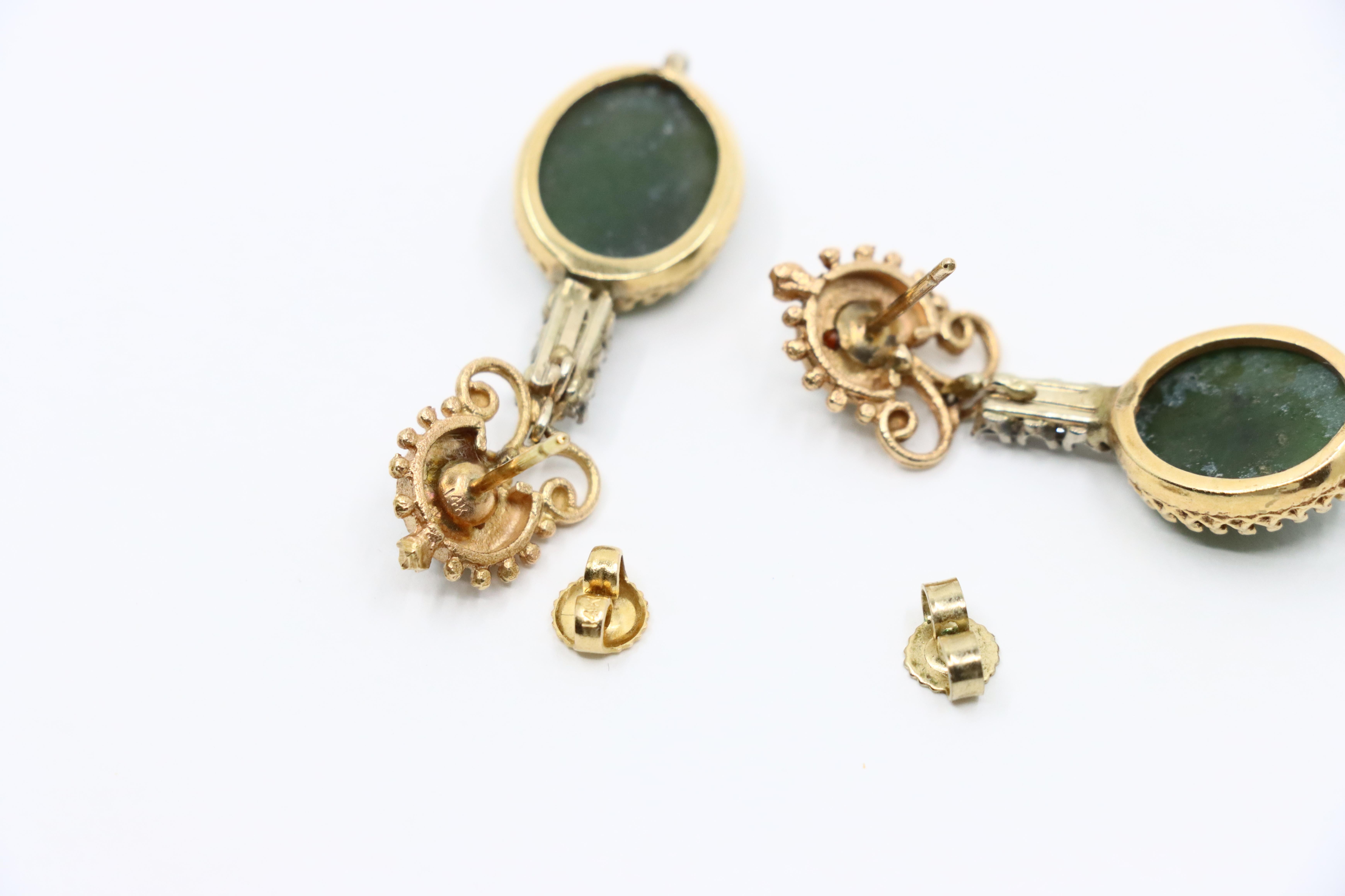 Vintage 14K Gold Jade Drop Earring For Sale 7